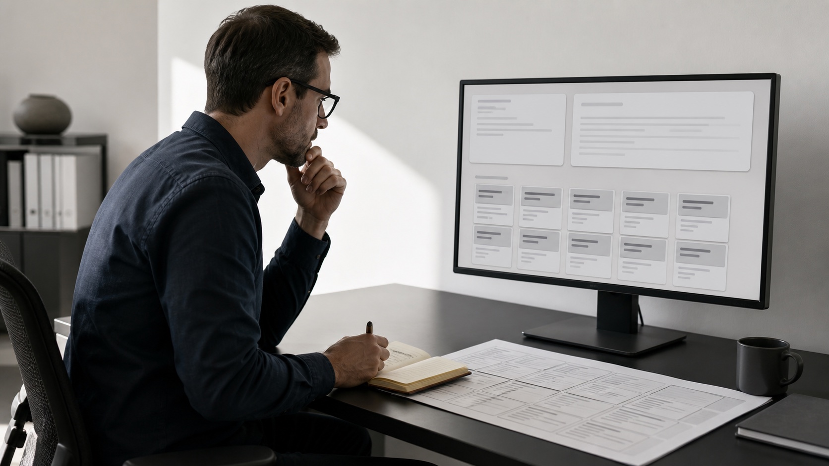 Search and AI visibility research laid out as source cards, query patterns, and decision notes