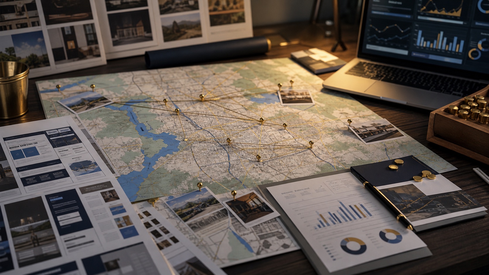 Generated article visual showing a Roseville and Sacramento-area marketing workbench with map pins, page layouts, reports, and tracking dashboard context
