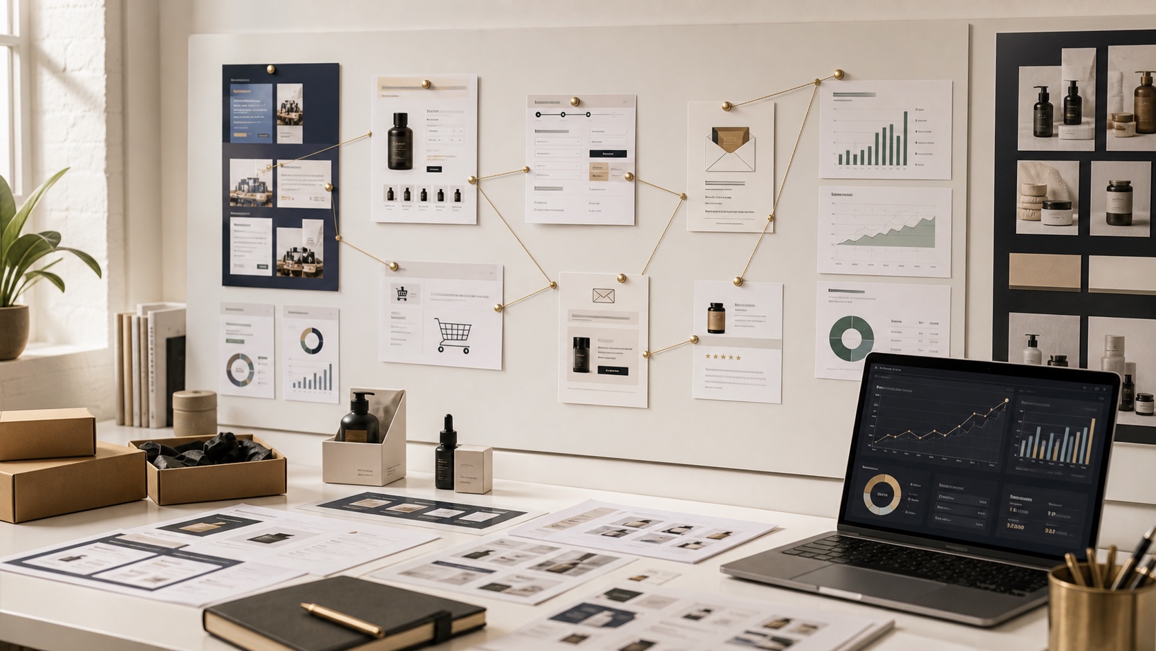 Ecommerce marketing plan showing paid traffic, product pages, checkout, Klaviyo email, orders, repeat purchases, and revenue reporting.