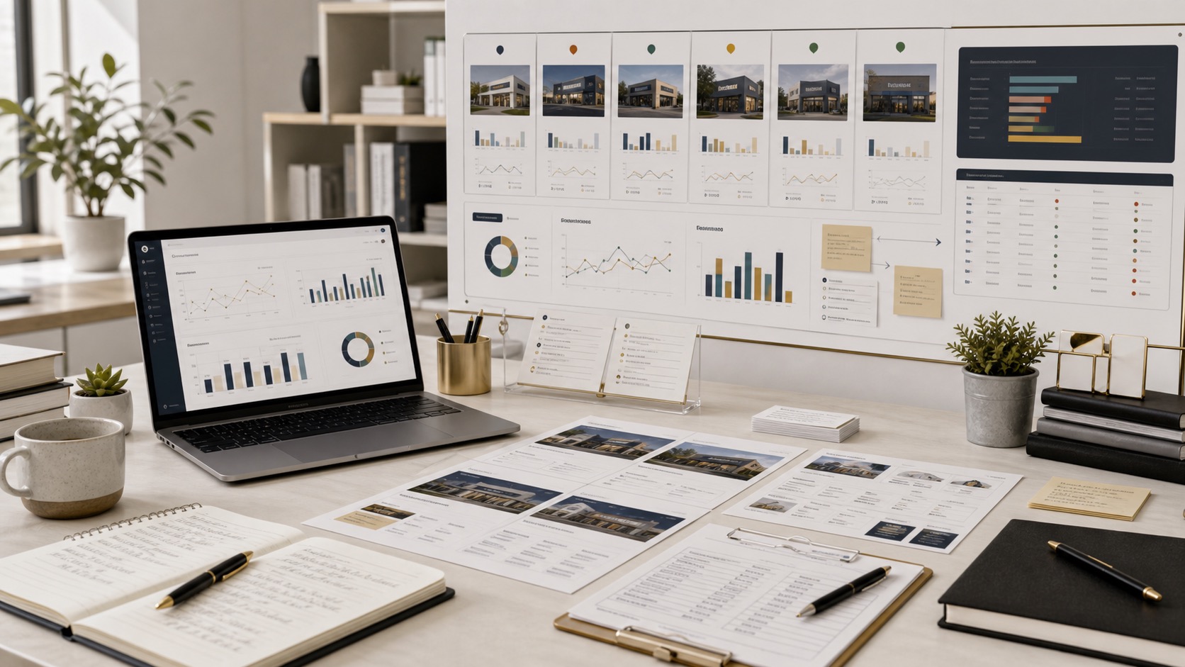 Office planning board with branch cards, paid search notes, location pages, calls, bookings, quote requests, and performance dashboards by location.