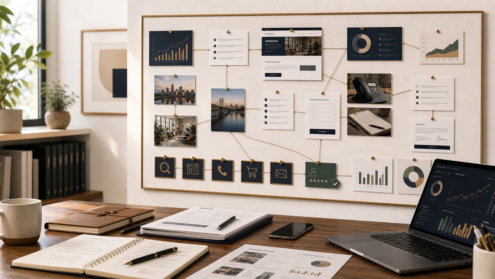 Owner-led business marketing workbench showing Google Ads, landing pages, SEO and AI visibility, reporting, qualified inquiries orders, and follow-up.