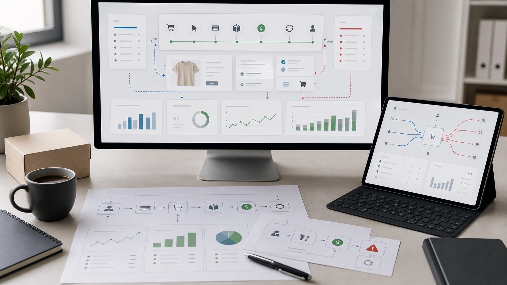 Shopify purchase path board showing traffic sources, product page, cart, checkout, tracking, repeat purchase, and profit growth