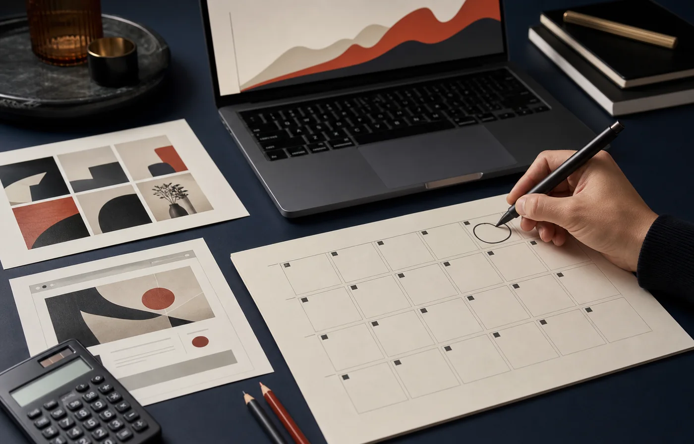 Marketing operator marking a two-week campaign review calendar beside creative and landing page proofs