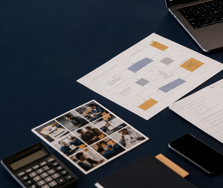 Campaign measurement planning scene with calculator, phone, campaign map, and landing page