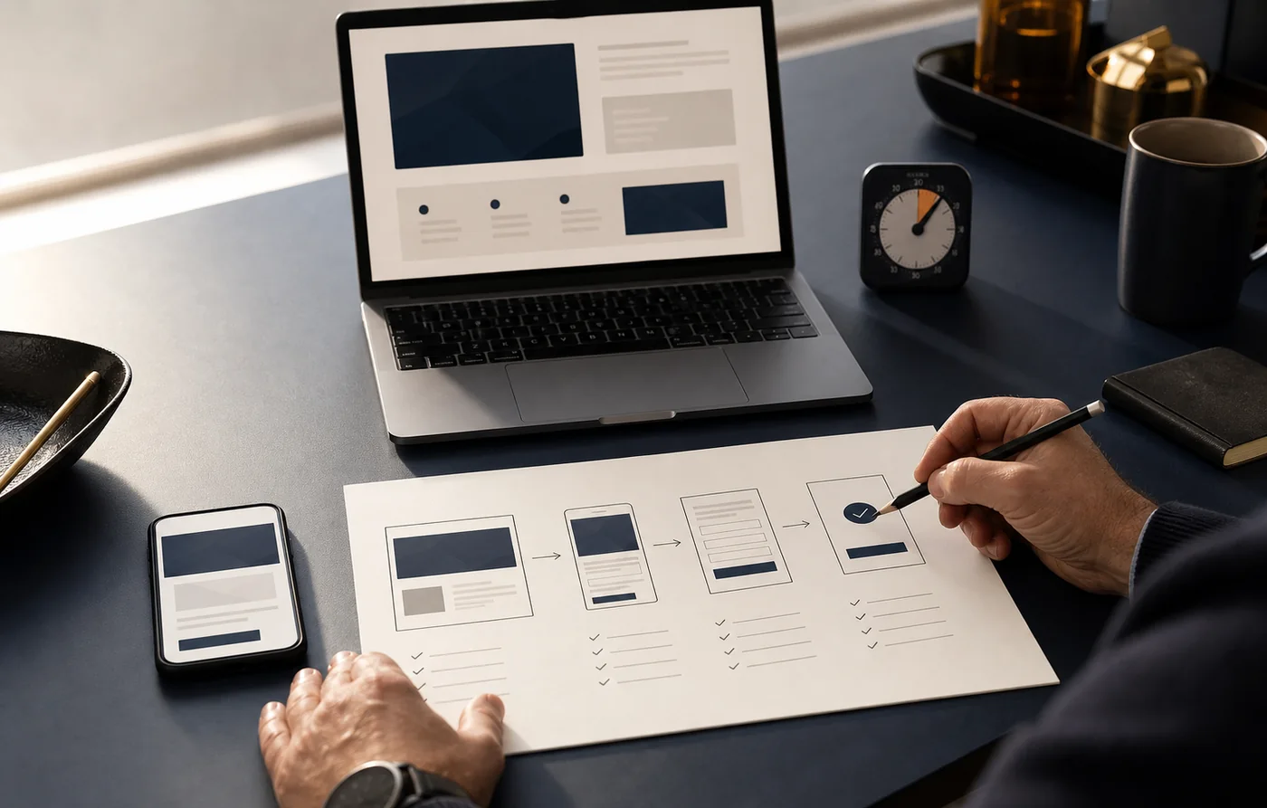 Marketing operator checking a landing page across desktop, mobile, form, and confirmation steps