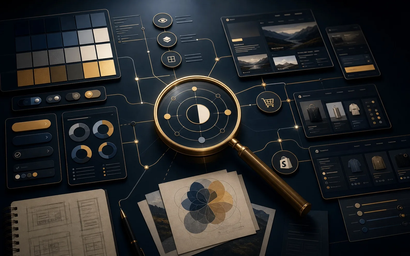 Premium Marketing Atlas marketing audit graph showing color tokens, contrast controls, website panels, ecommerce panels, and a gold marketing audit lens