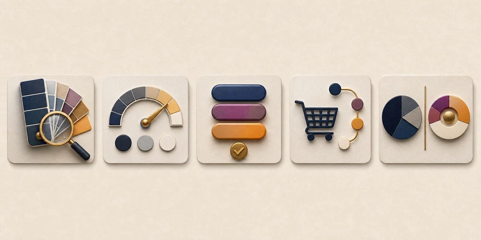 Five premium icons representing palette review, contrast gauge, CTA discipline, ecommerce cart color path, and brand versus conversion palette