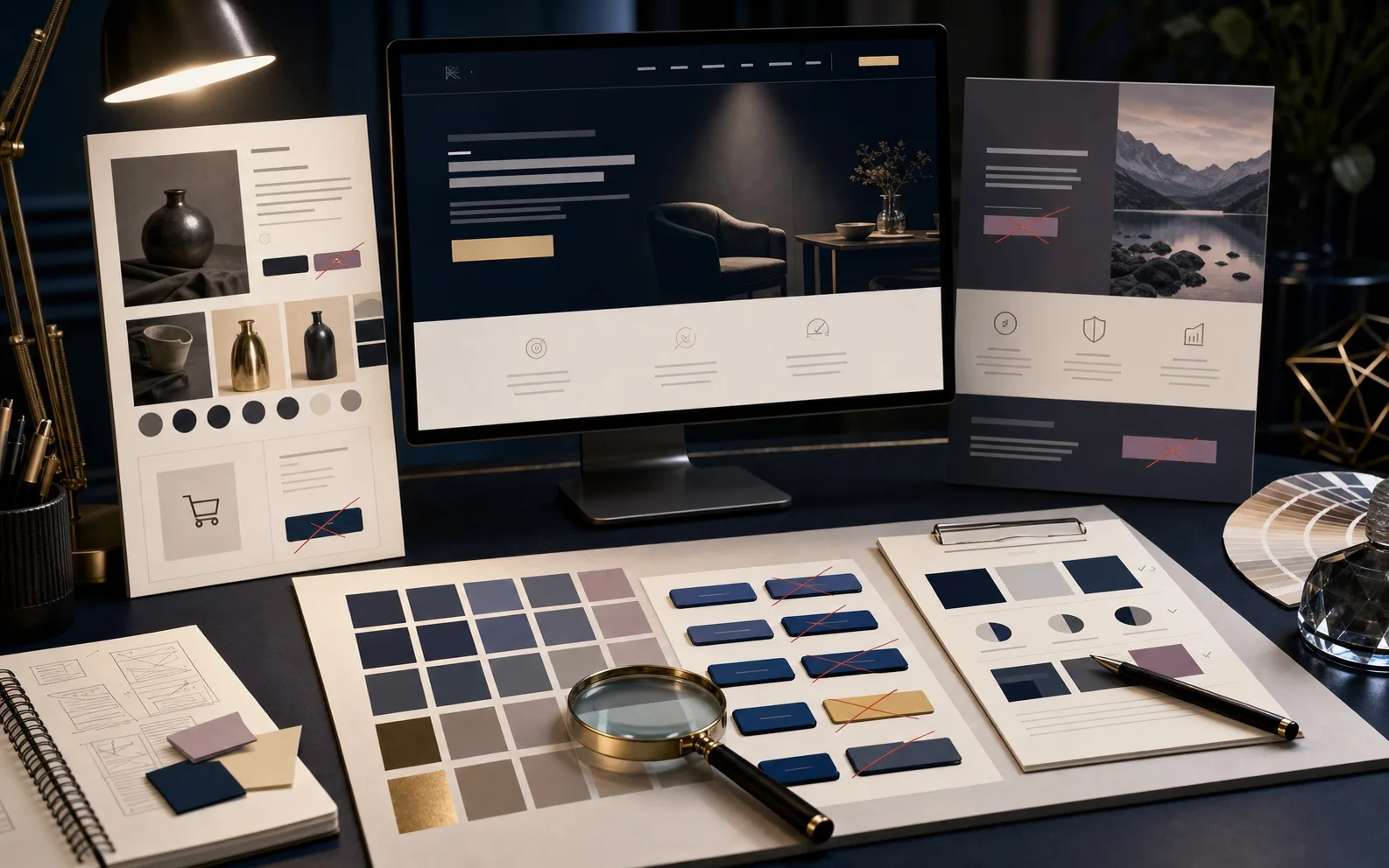 Premium marketing audit board showing mismatched website colors, crossed-out CTA colors, and a restrained conversion color system
