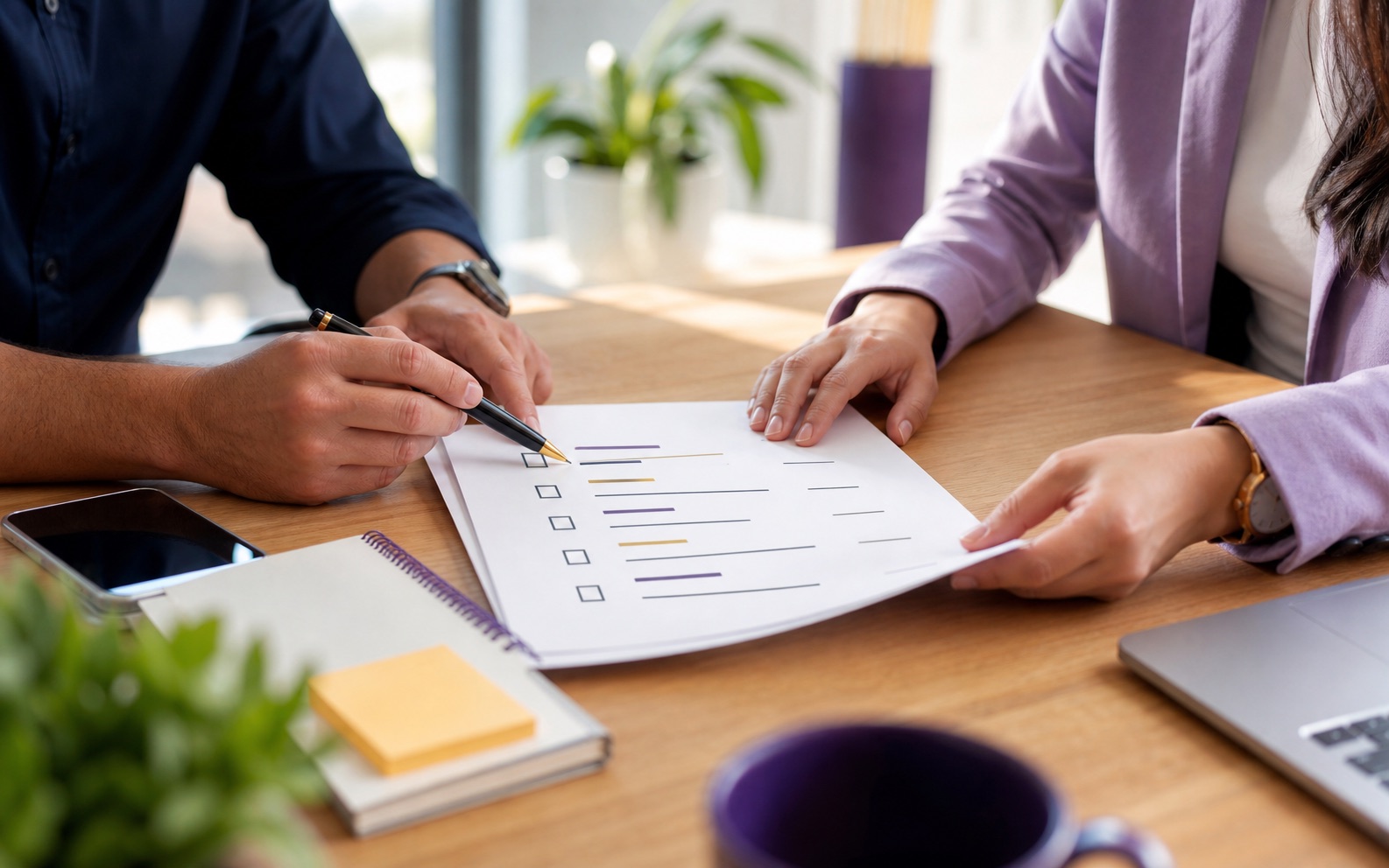 Hands reviewing a marketing decision checklist before a retainer agreement