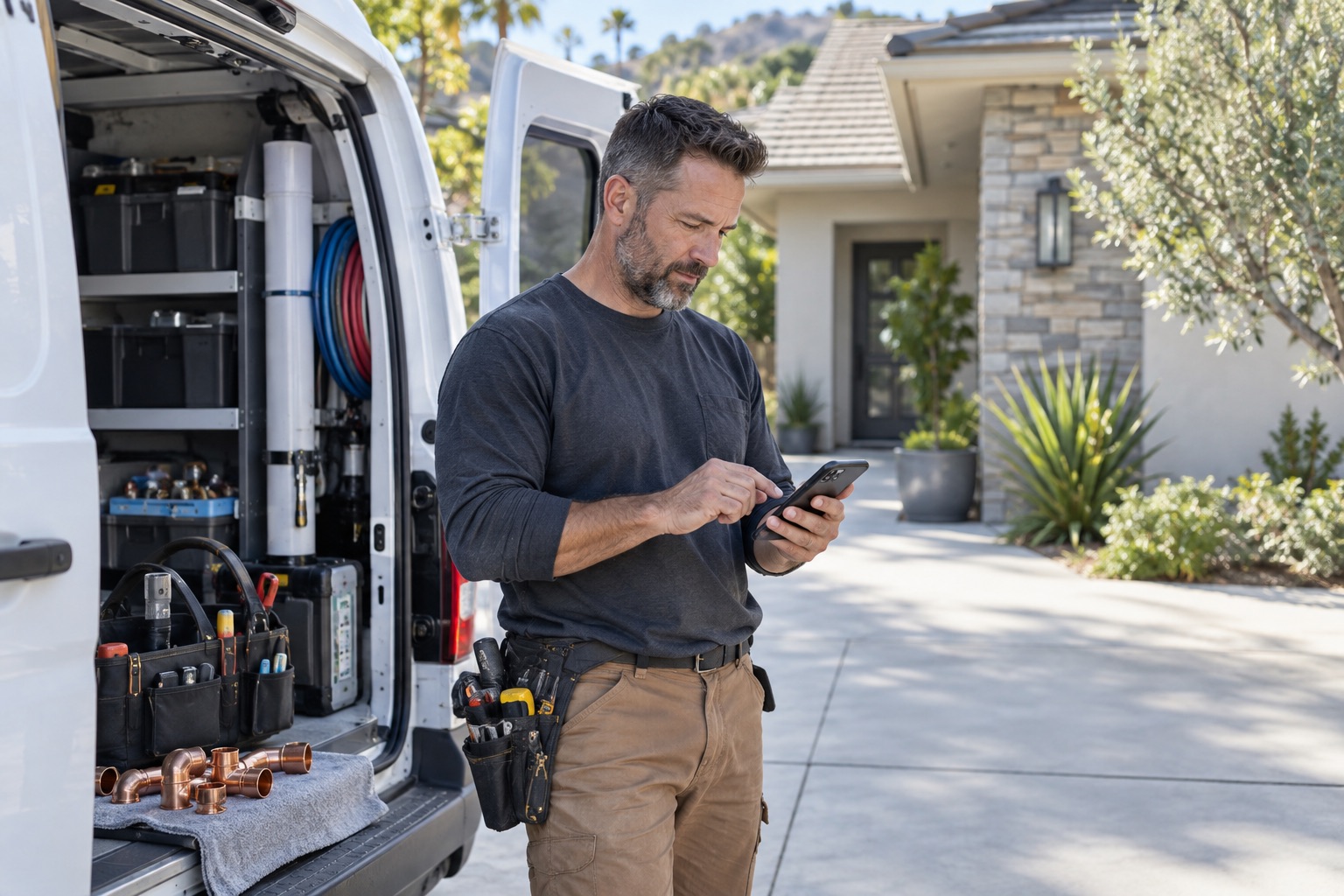 Illustrative plumber checking a service request beside a work van.