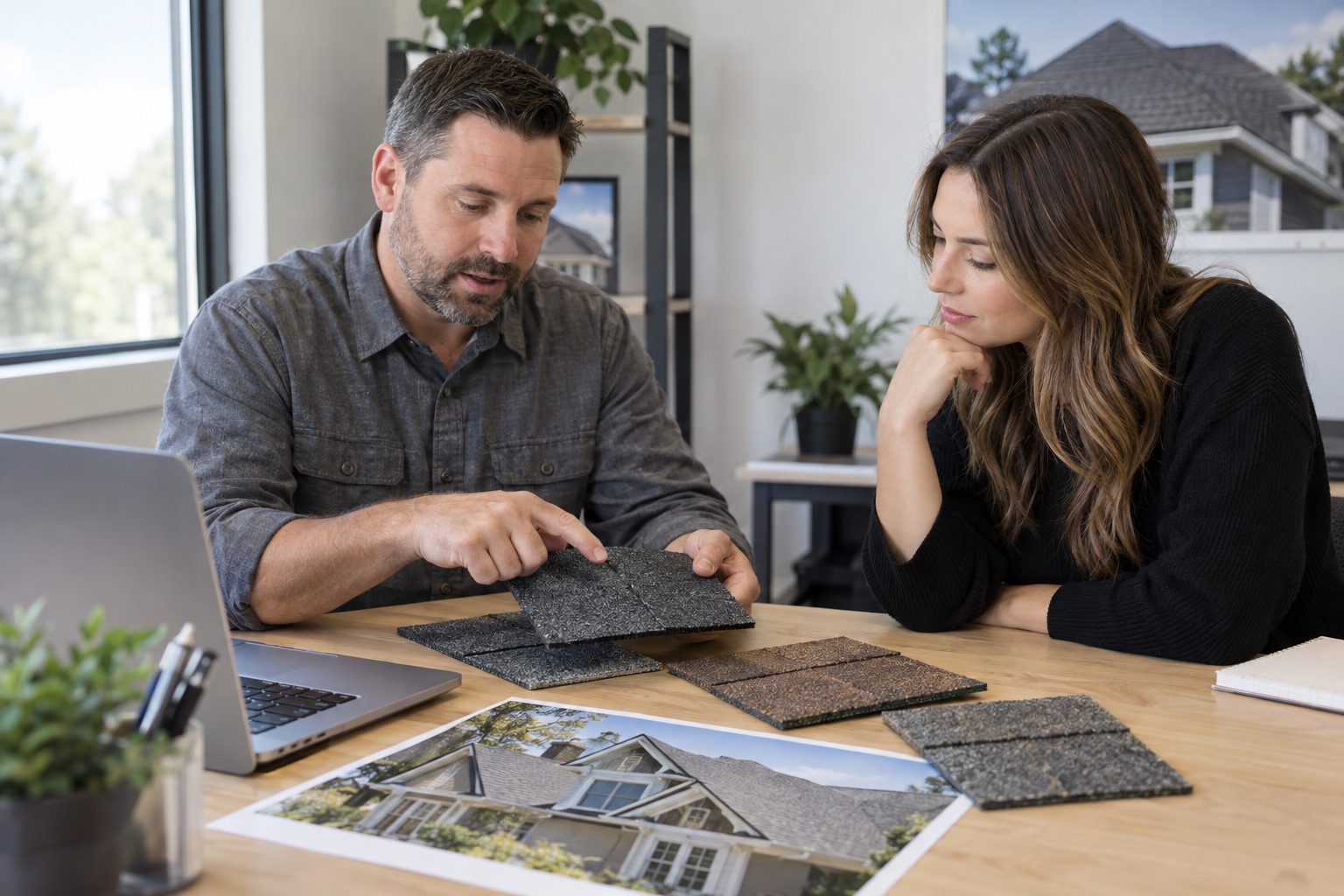 Illustrative planning scene for roofing advertising.
