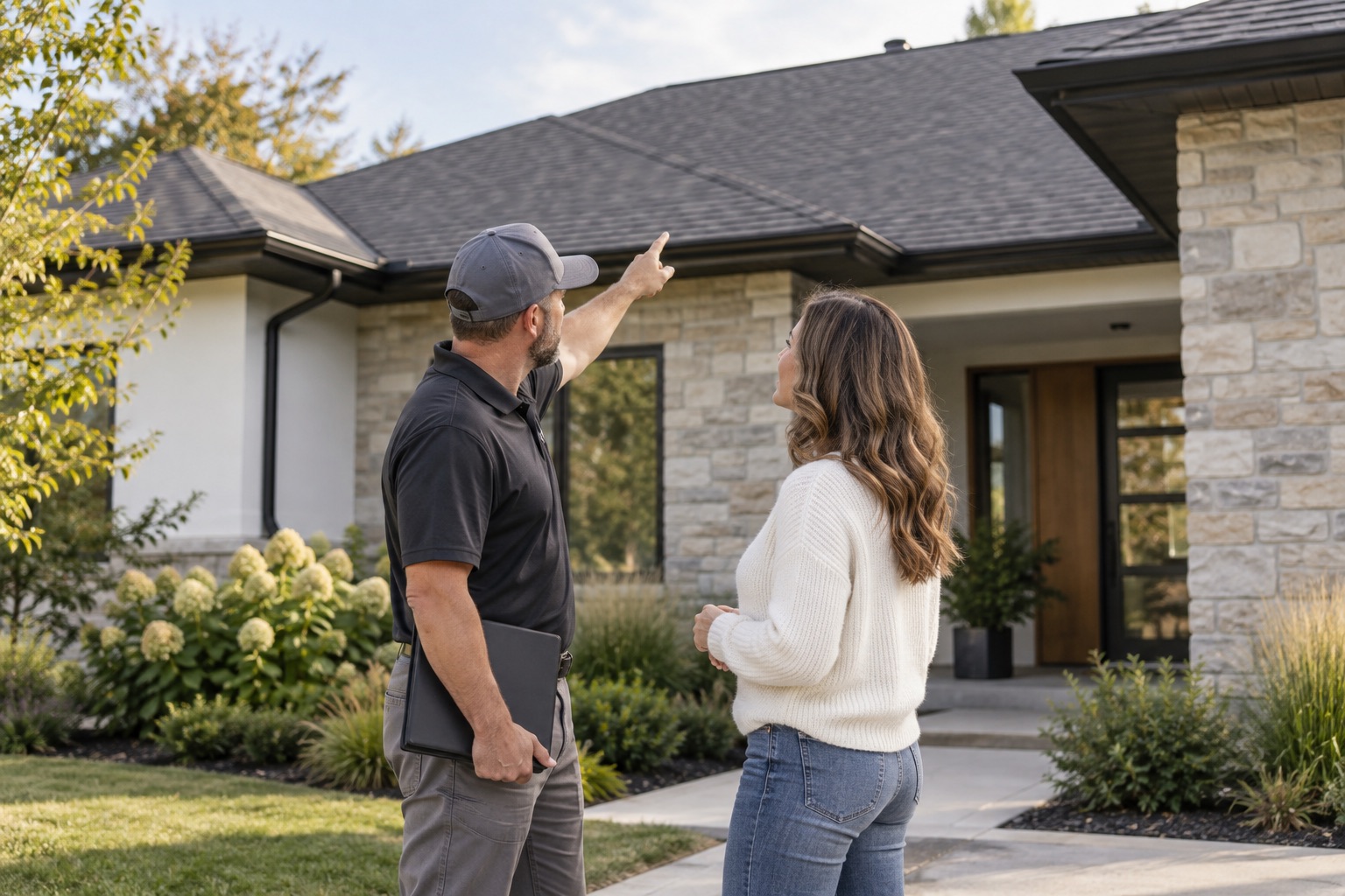 Illustrative roofing contractor discussing a roof with a homeowner from ground level.