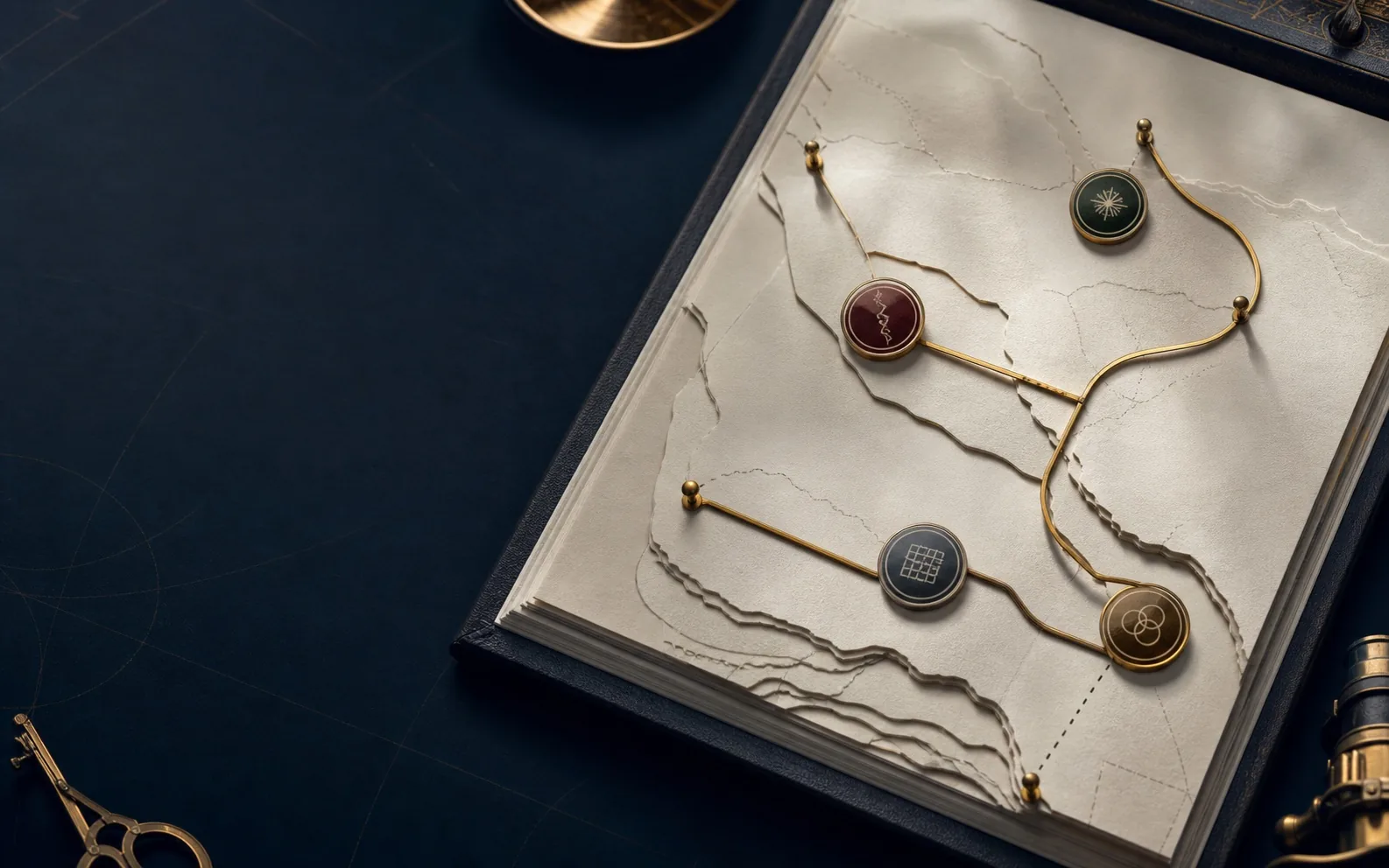 Premium atlas map with brass pins and a gold route line for effort return fit
