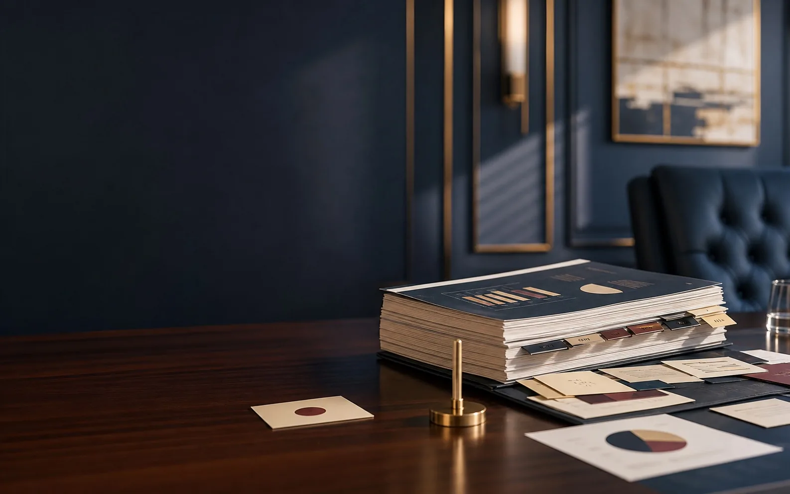 Executive summary stack on a boardroom table with one separated decision marker