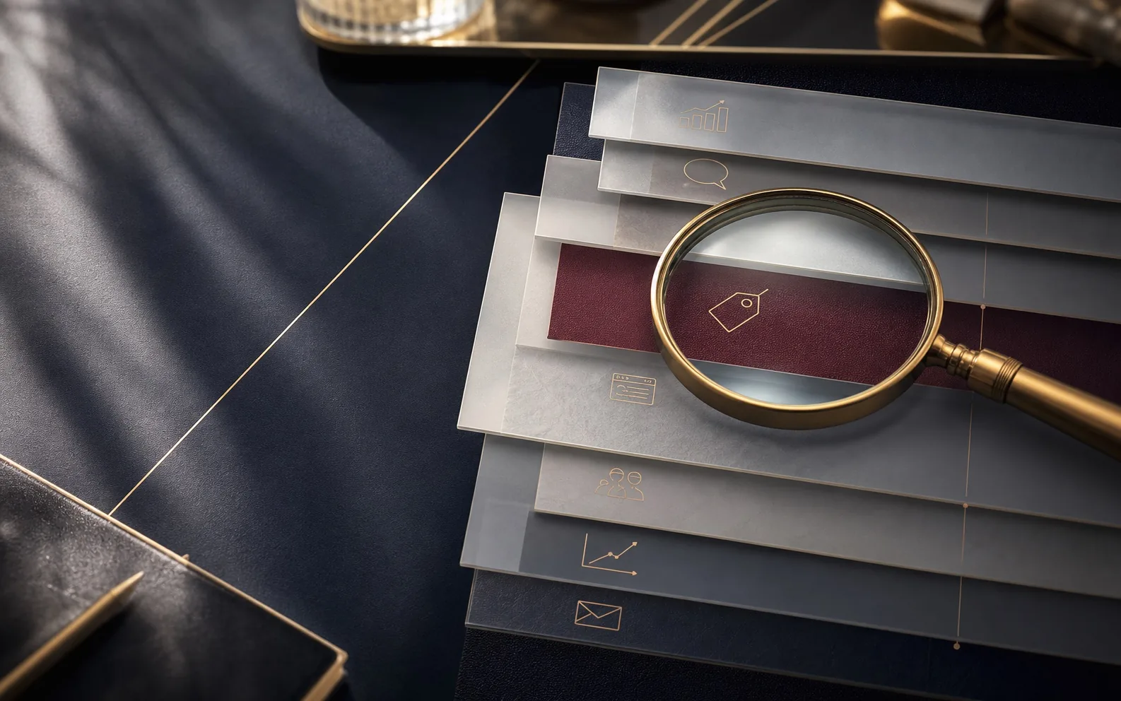 Layered marketing audit sheets under a brass lens showing the marketing layer beneath the symptom