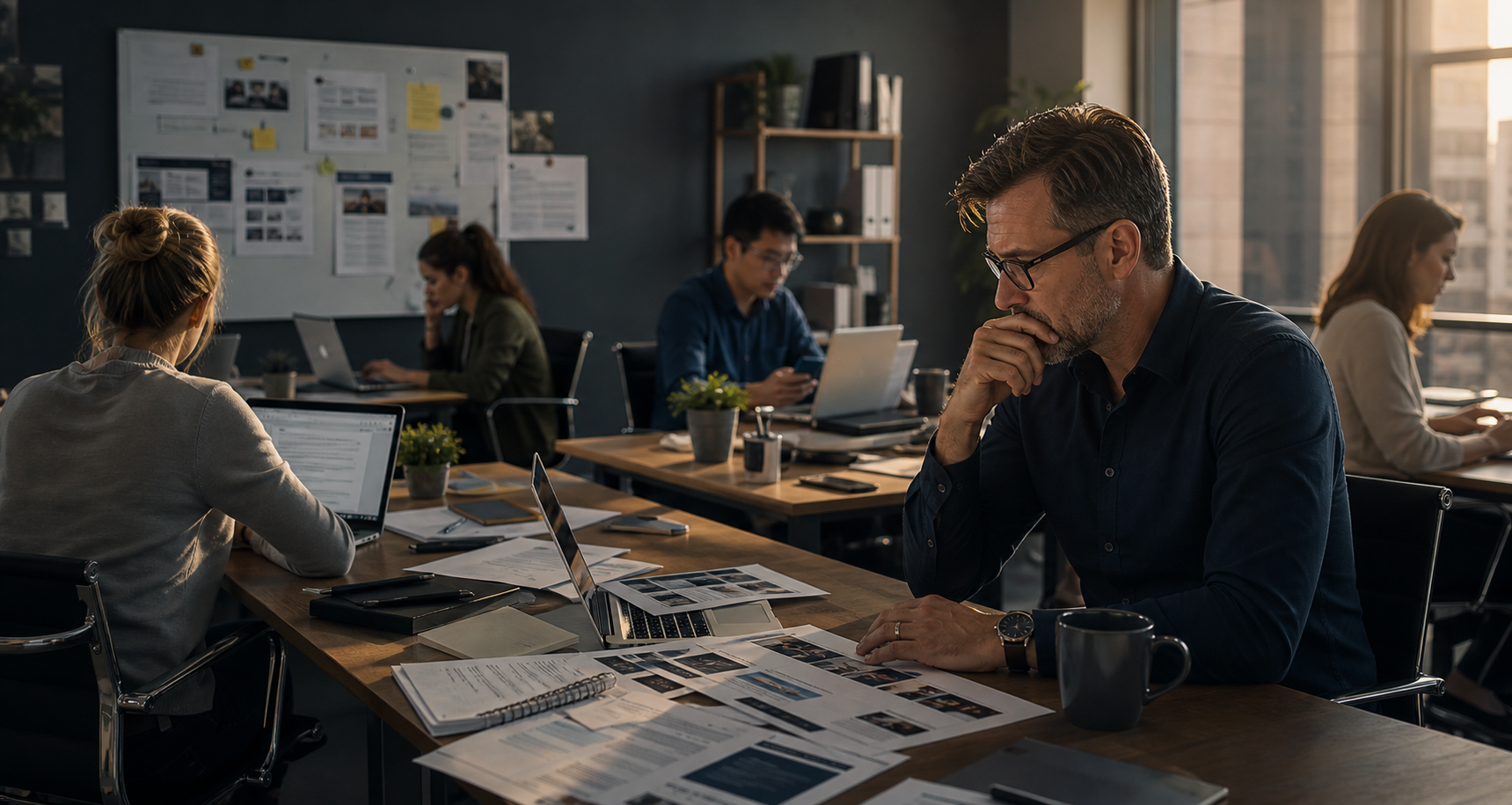 Generated business scene showing employees using AI while the owner reviews disconnected marketing output