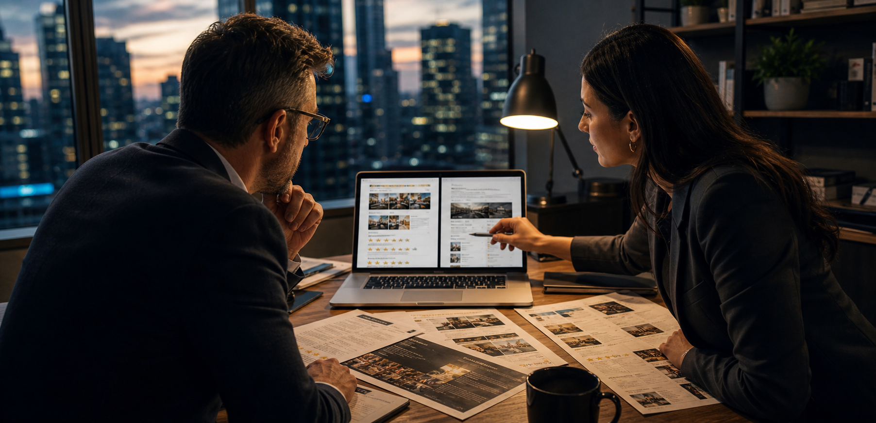 Generated scene of a strategist and business owner comparing competitor proof and AI search visibility on a laptop