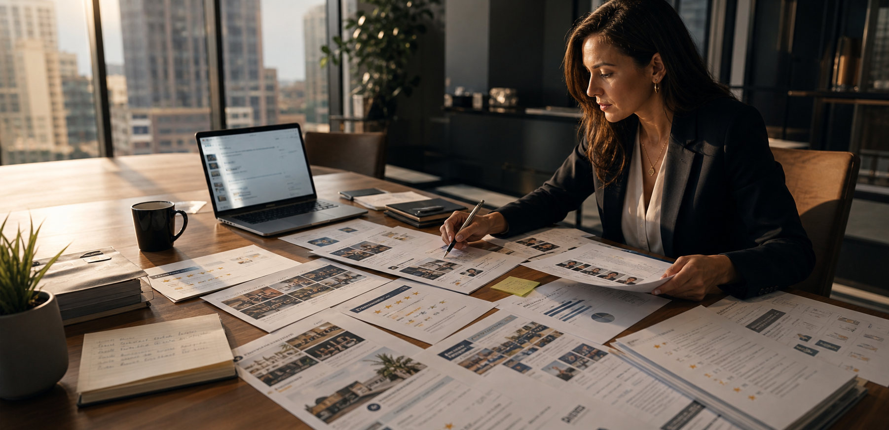 Generated scene of a strategist organizing service pages, reviews, profiles, and proof documents on a business table