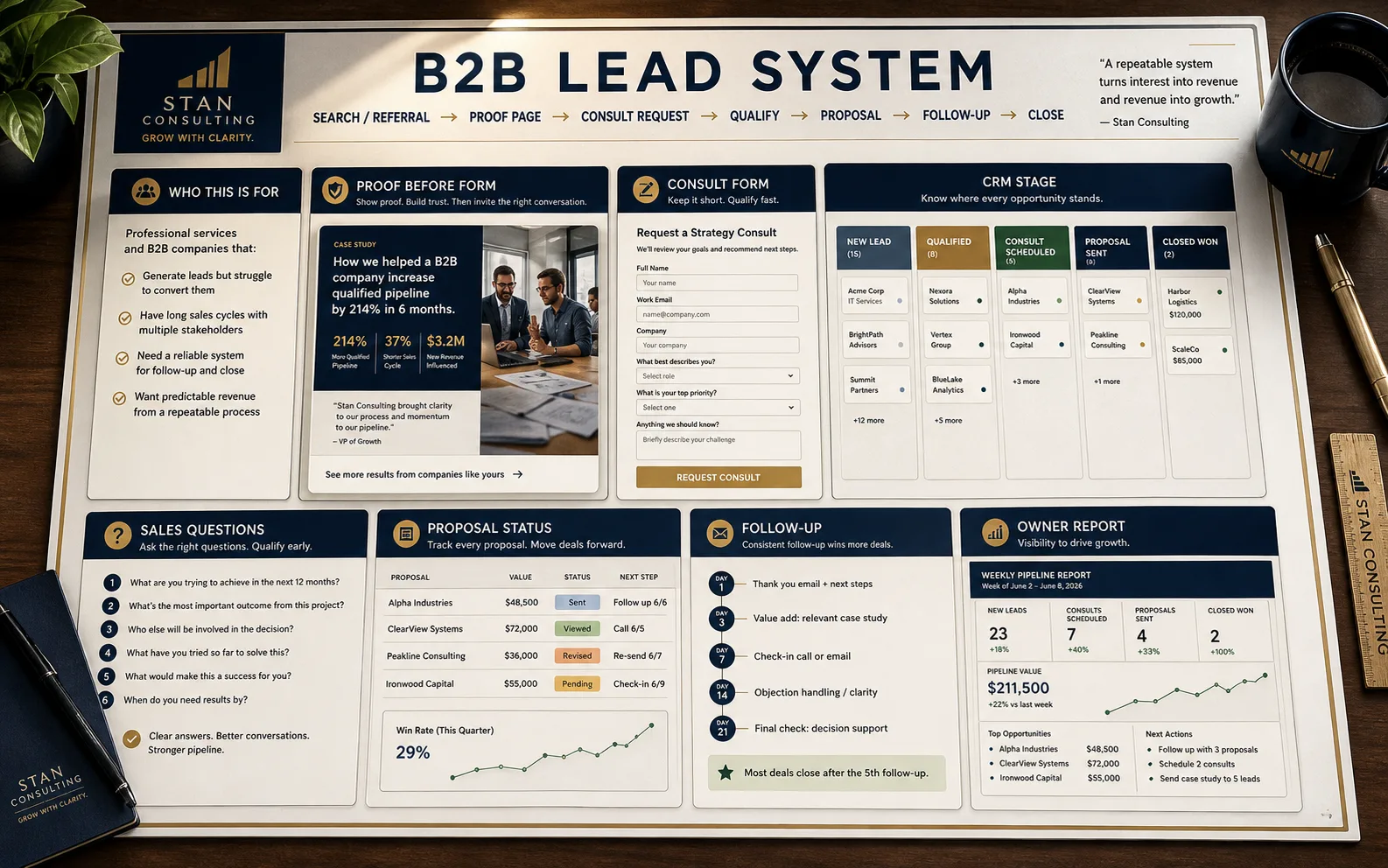 High-end generated business-to-business lead system visual showing search and referral traffic to proof, consult request, qualification, proposal, follow-up, sales system stage, sales questions, and owner summary