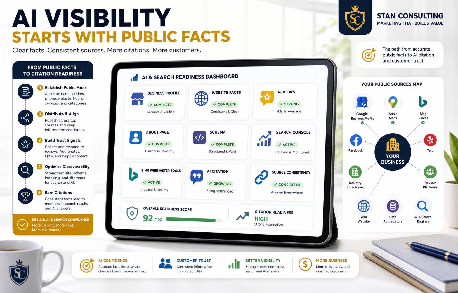 Generated bright AI visibility basics visual showing business profile, website facts, reviews, about page, schema, Search Console, Bing Webmaster Tools, AI citation, and source consistency