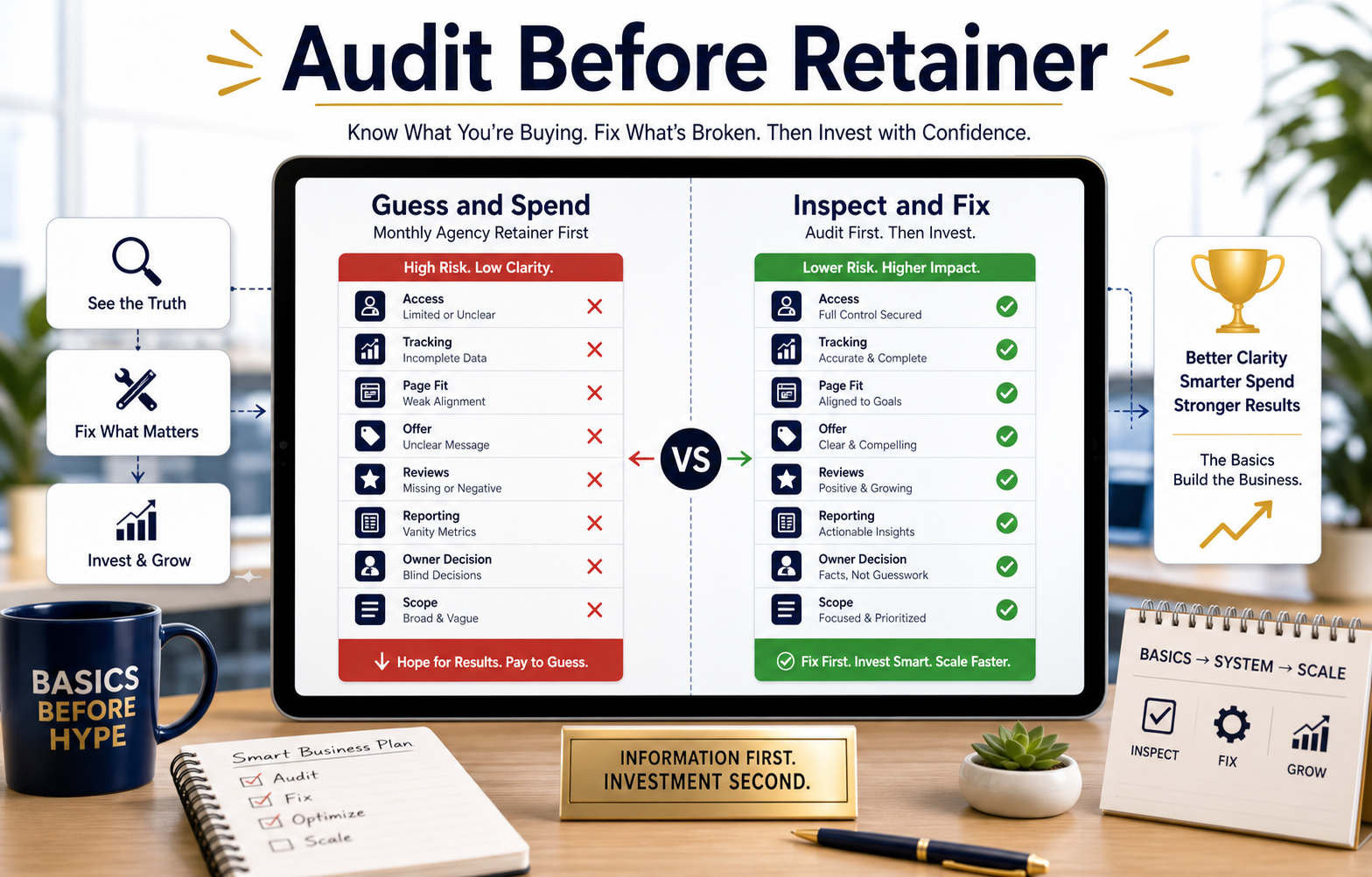 Generated bright audit before retainer visual comparing access, tracking, page fit, offer, reviews, tracking, owner decision, and scope