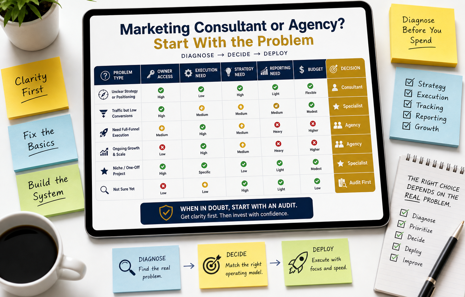 Generated bright consultant versus agency basics visual showing problem type, access, execution need, strategy need, tracking need, budget, and decision