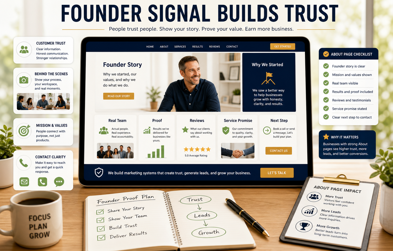 Generated bright landing page trust basics visual showing founder story, real team, proof, reviews, service promise, contact clarity, and next step