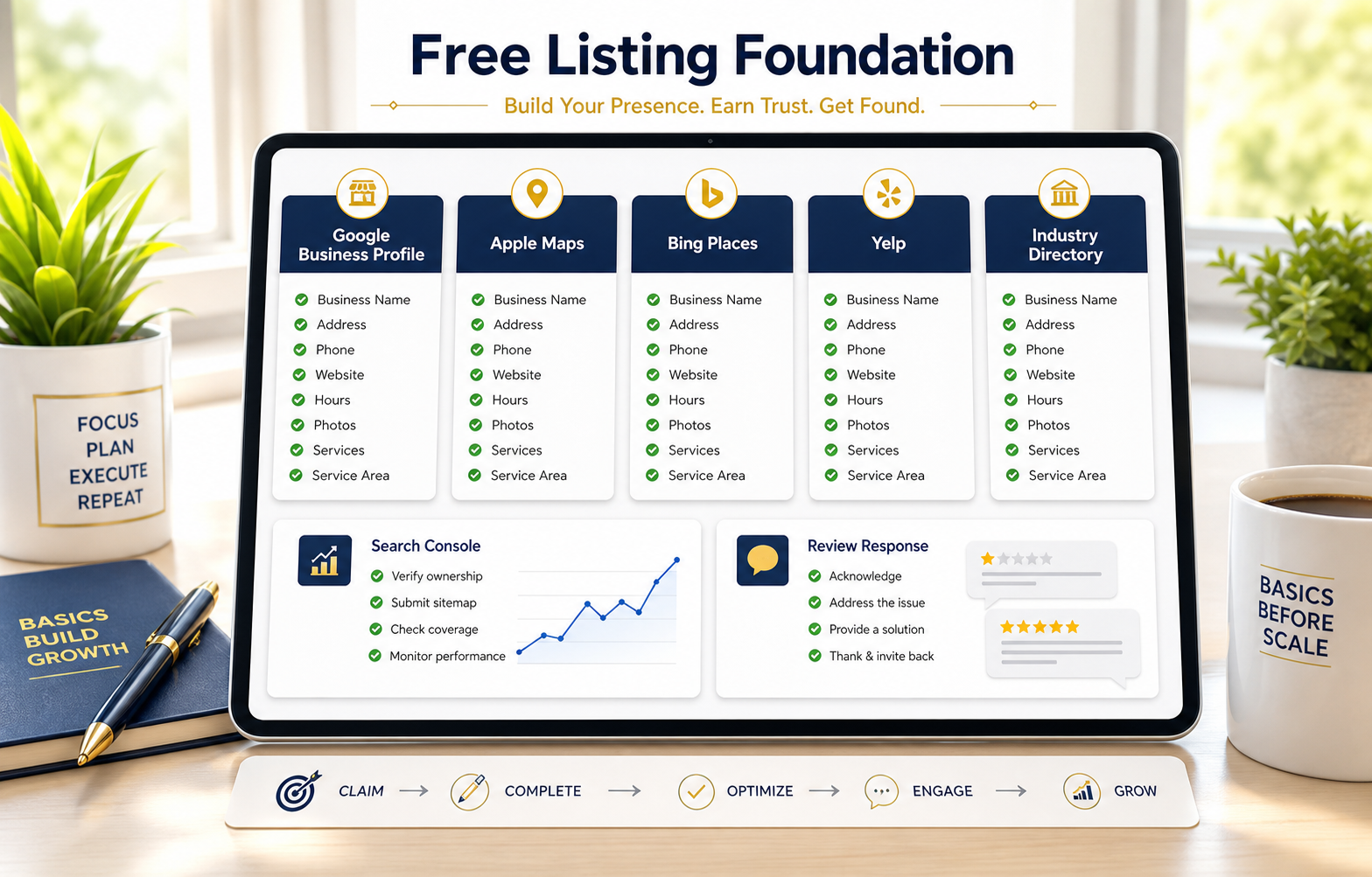 Generated bright free listing foundation visual showing Google Business Profile, Apple Maps, Bing Places, Yelp, industry directory, Search Console, and review response