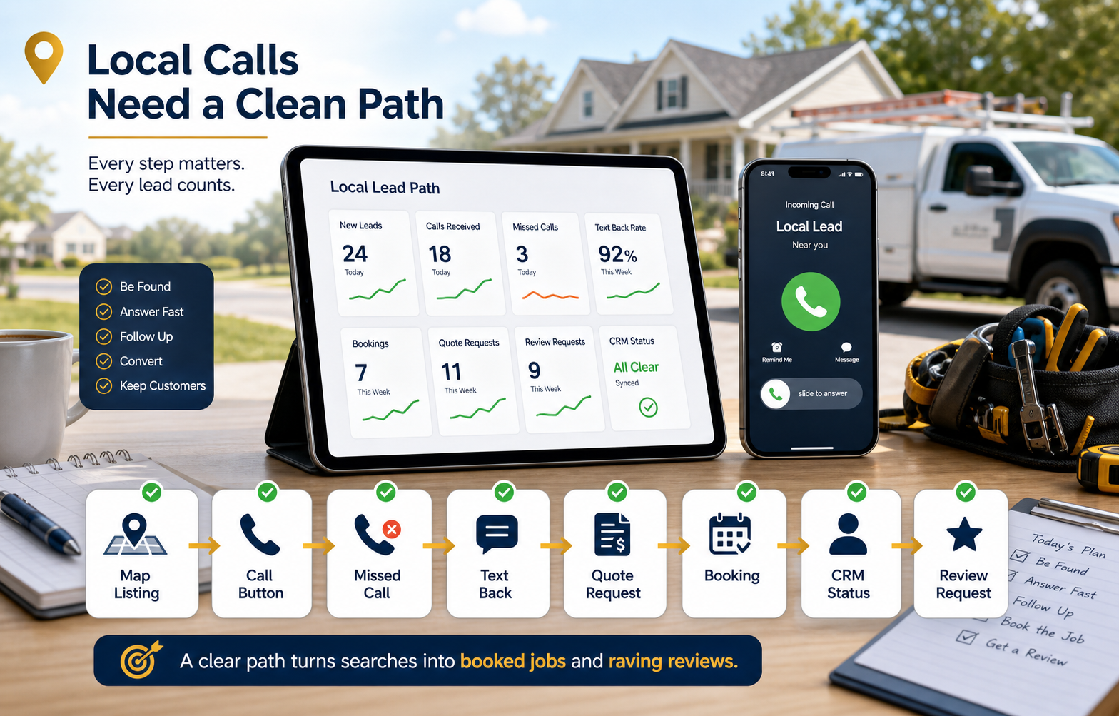 Generated bright local calls basics visual showing map listing, call button, missed call, text back, quote request, booking, sales system status, and review request