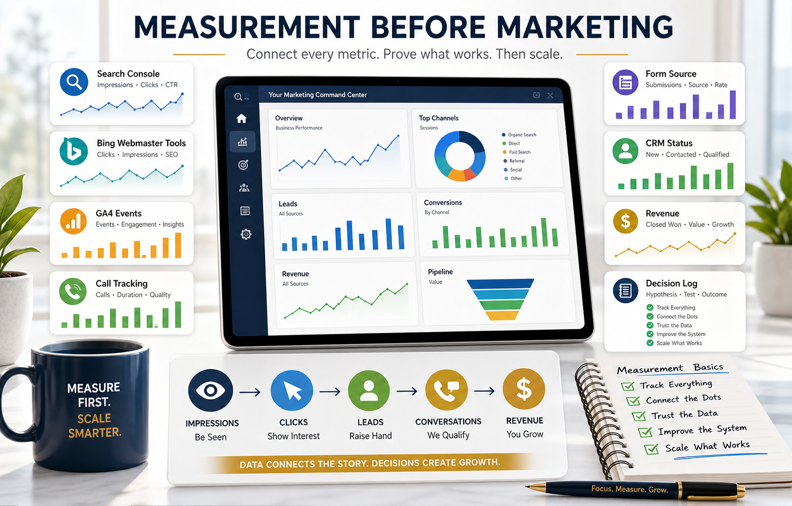Generated bright conversion measurement basics visual showing Search Console, Bing Webmaster Tools, GA4 events, call tracking, form source, sales system status, revenue, and decision log