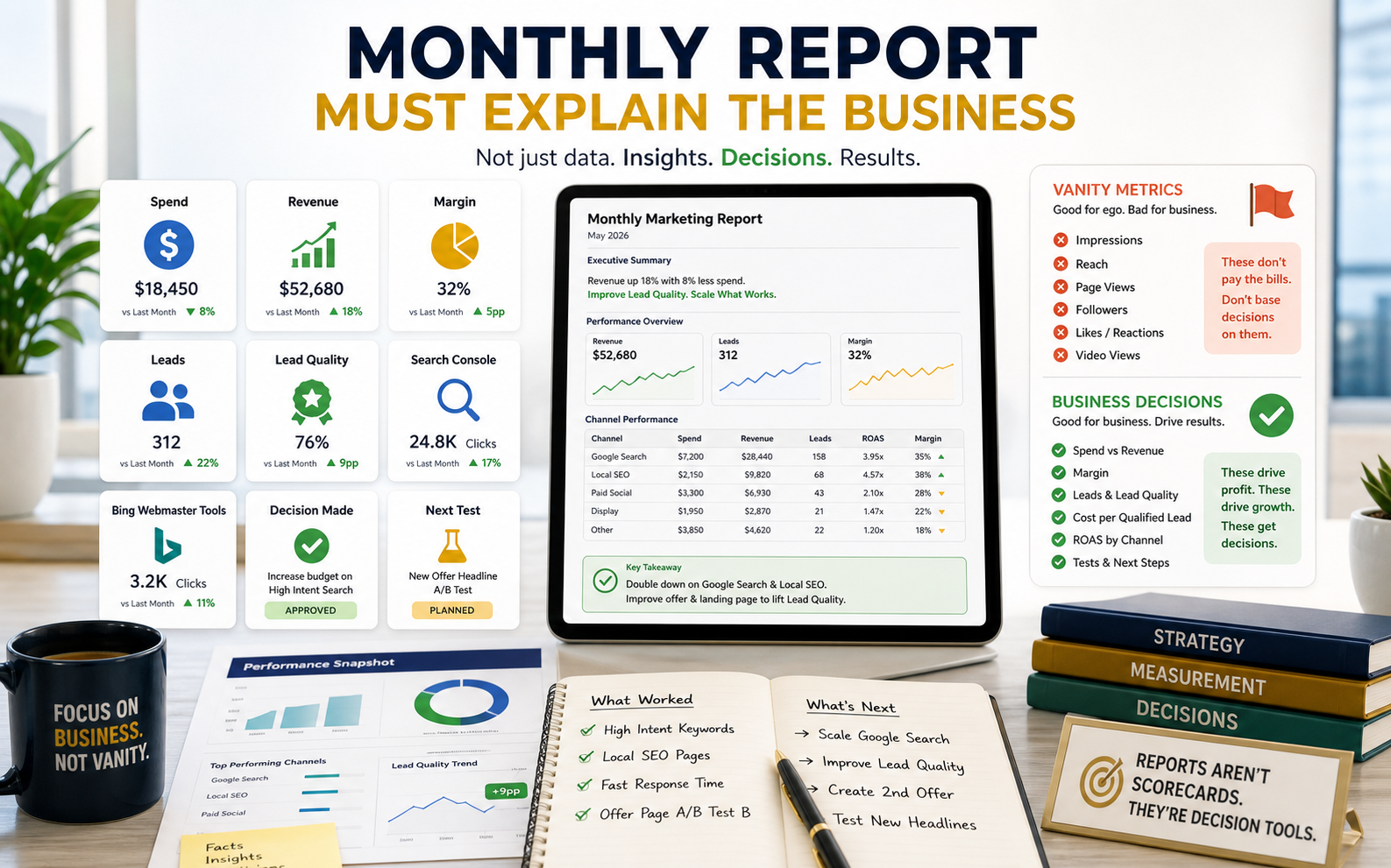 Generated bright tracking cadence visual showing spend, revenue, margin, leads, lead quality, search data, decisions, and next tests