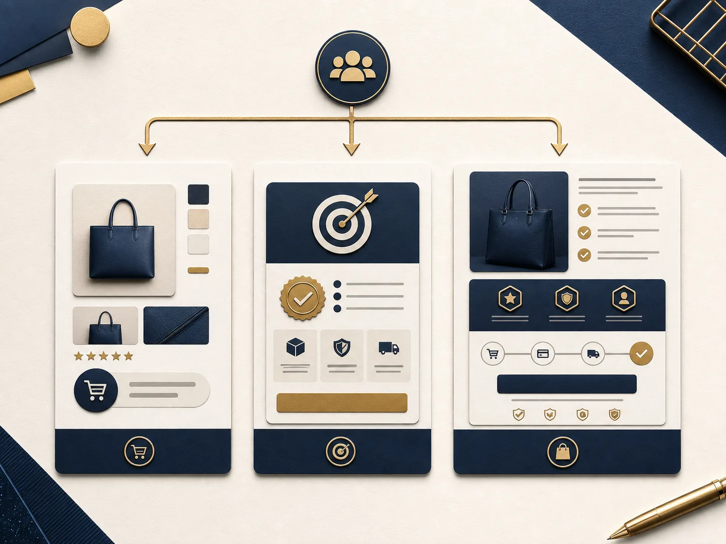 Generated ecommerce buyer-intent routing visual with three page destination cards and gold connector paths.