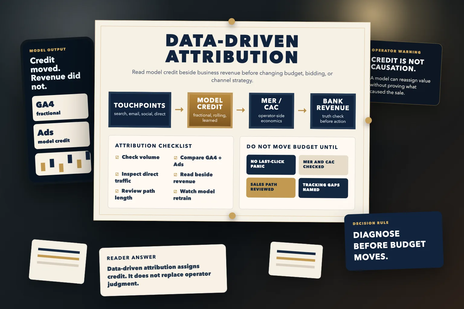 Data-driven attribution reference visual showing touchpoints, model credit, MER and CAC, bank revenue, attribution checklist, credit-is-not-causation warning, and audit-before-budget-moves decision rule