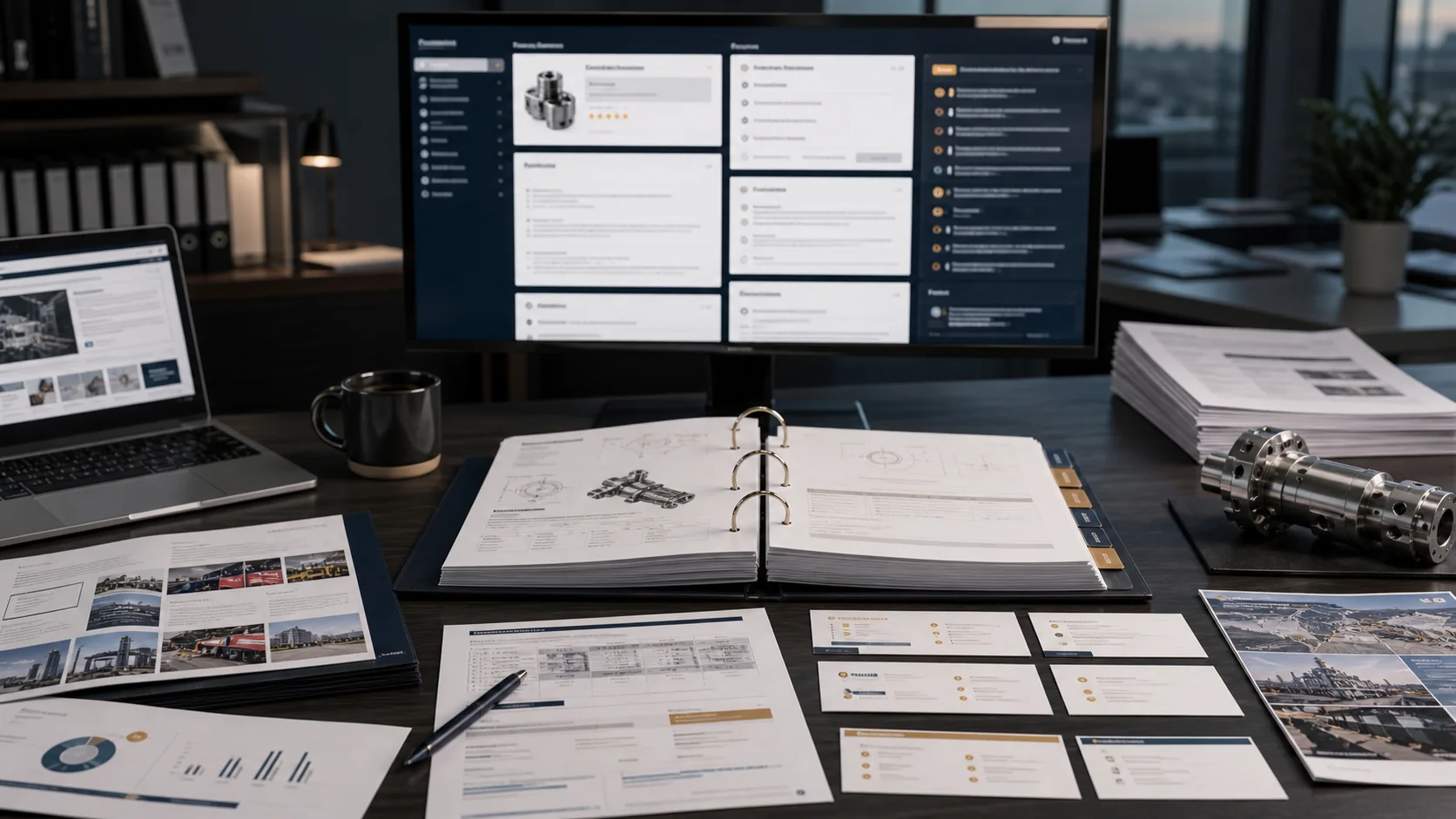 High-end AI-generated visual of AI/search evidence cards, product facts, distributor pages, and technical proof documents