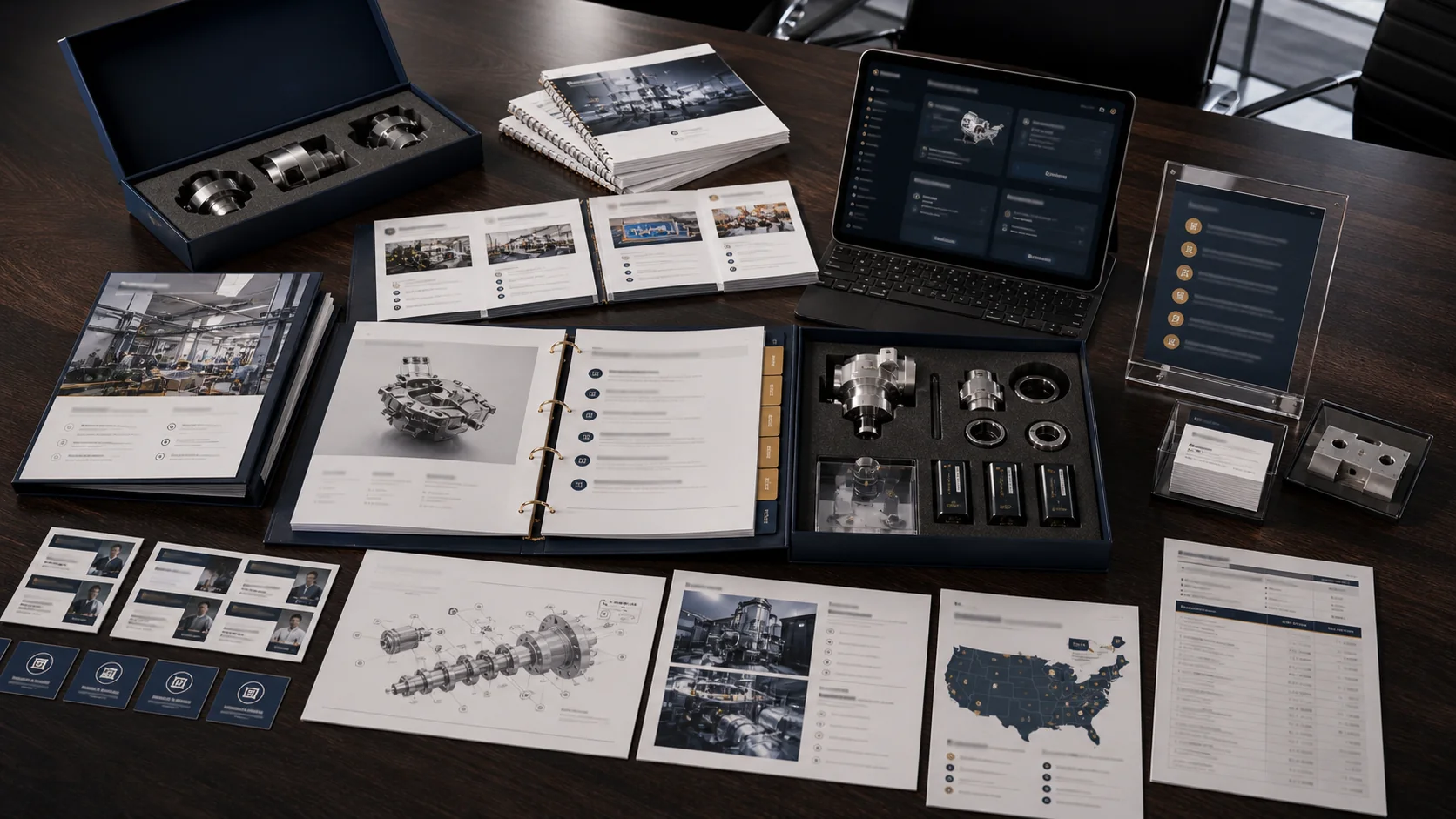 High-end AI-generated visual of a detailed distributor sales kit for a technical German or Swiss manufacturer selling in America