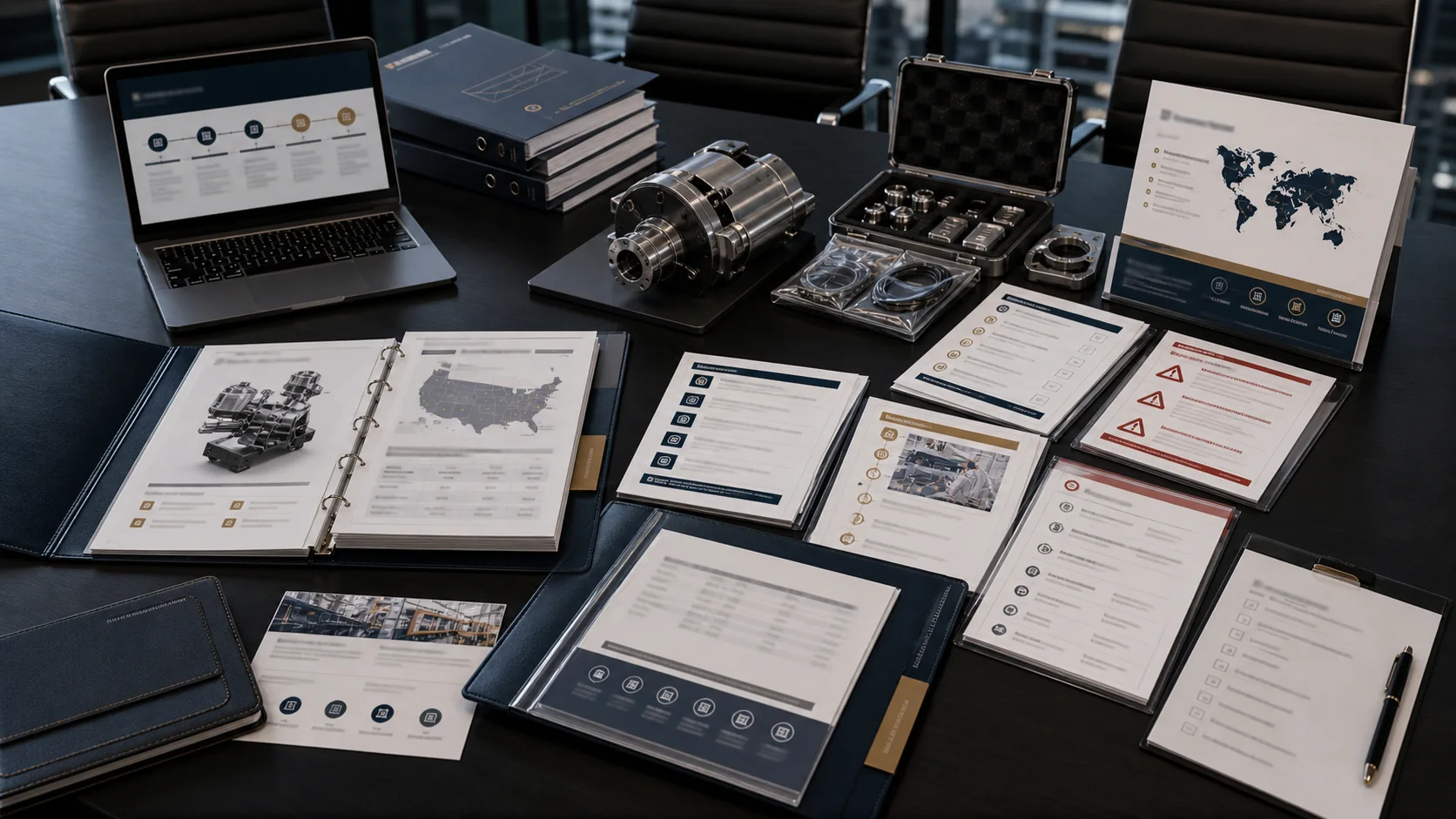 High-end AI-generated visual of procurement, service, support, warranty, and quote readiness documents for a technical product