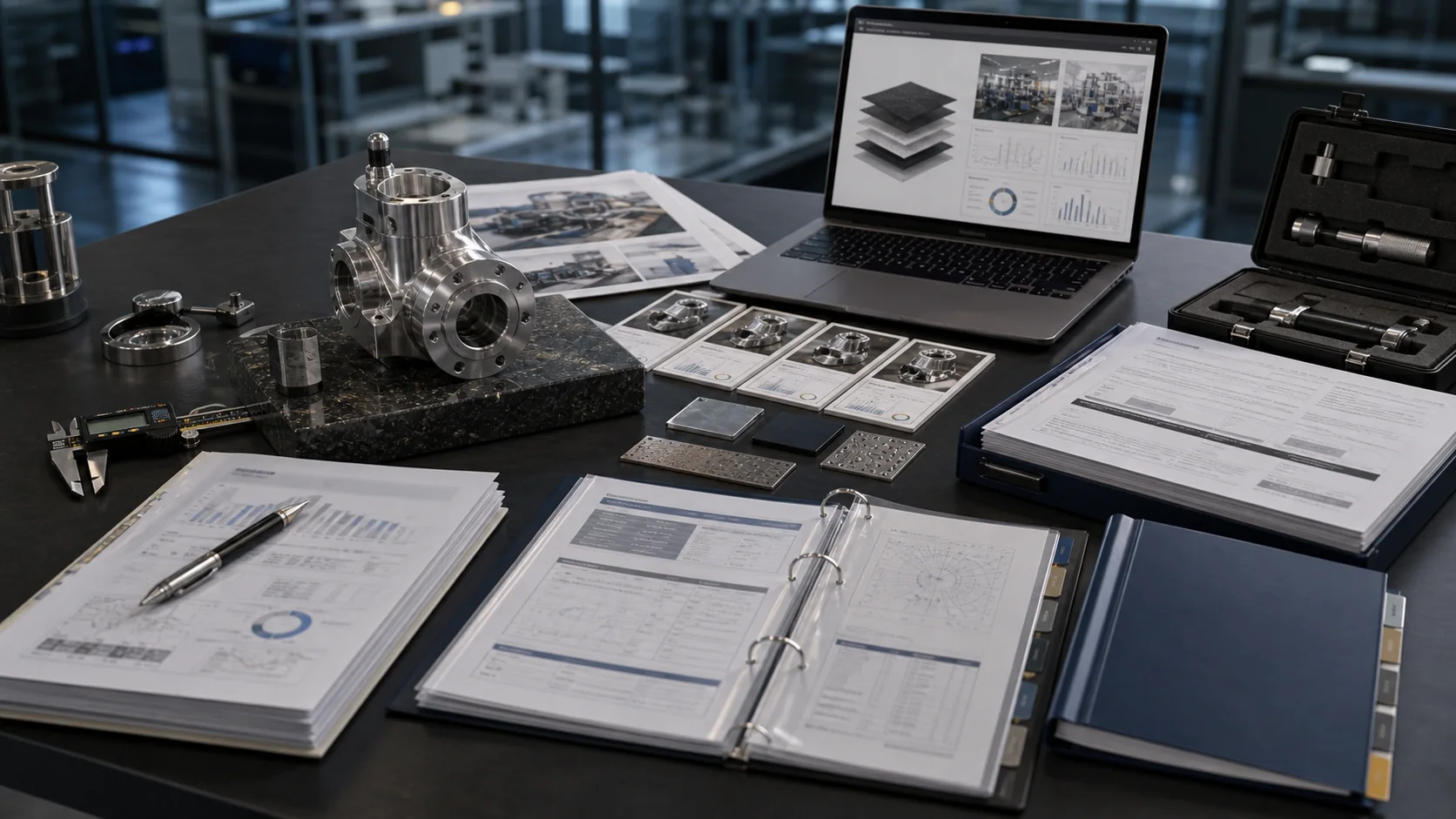 High-end AI-generated visual of technical product proof with inspection tools, test reports, support binder, and proof stack screen