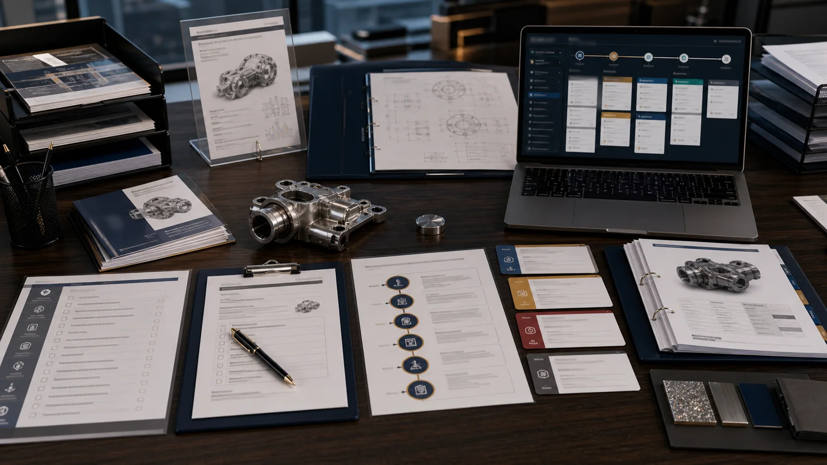 High-end AI-generated visual of RFQ intake workflow with CAD drawings, product samples, and CRM pipeline