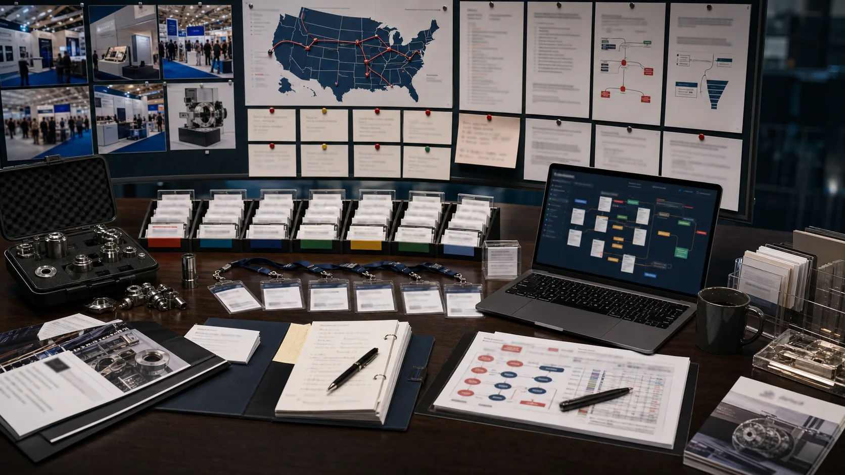 High-end AI-generated visual of post-trade-show lead routing, badge cards, U.S. map, product samples, and follow-up dashboard