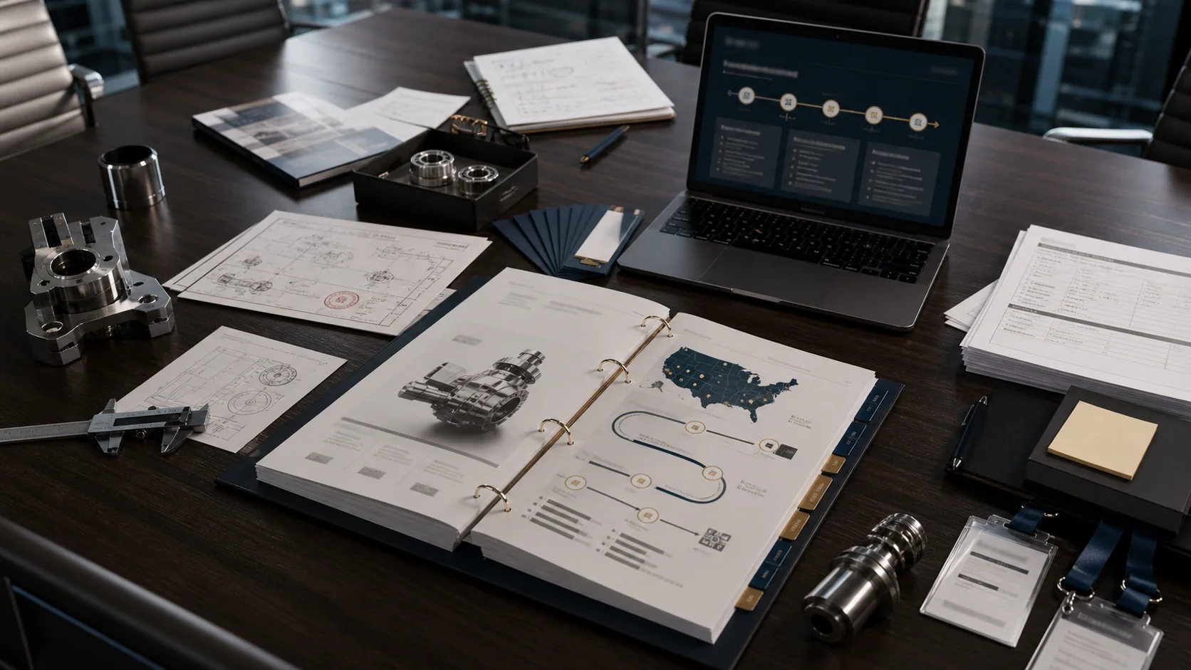 High-end AI-generated visual of a U.S. buyer confidence dossier with machined parts, drawings, U.S. map, quote forms, and buyer-path screen