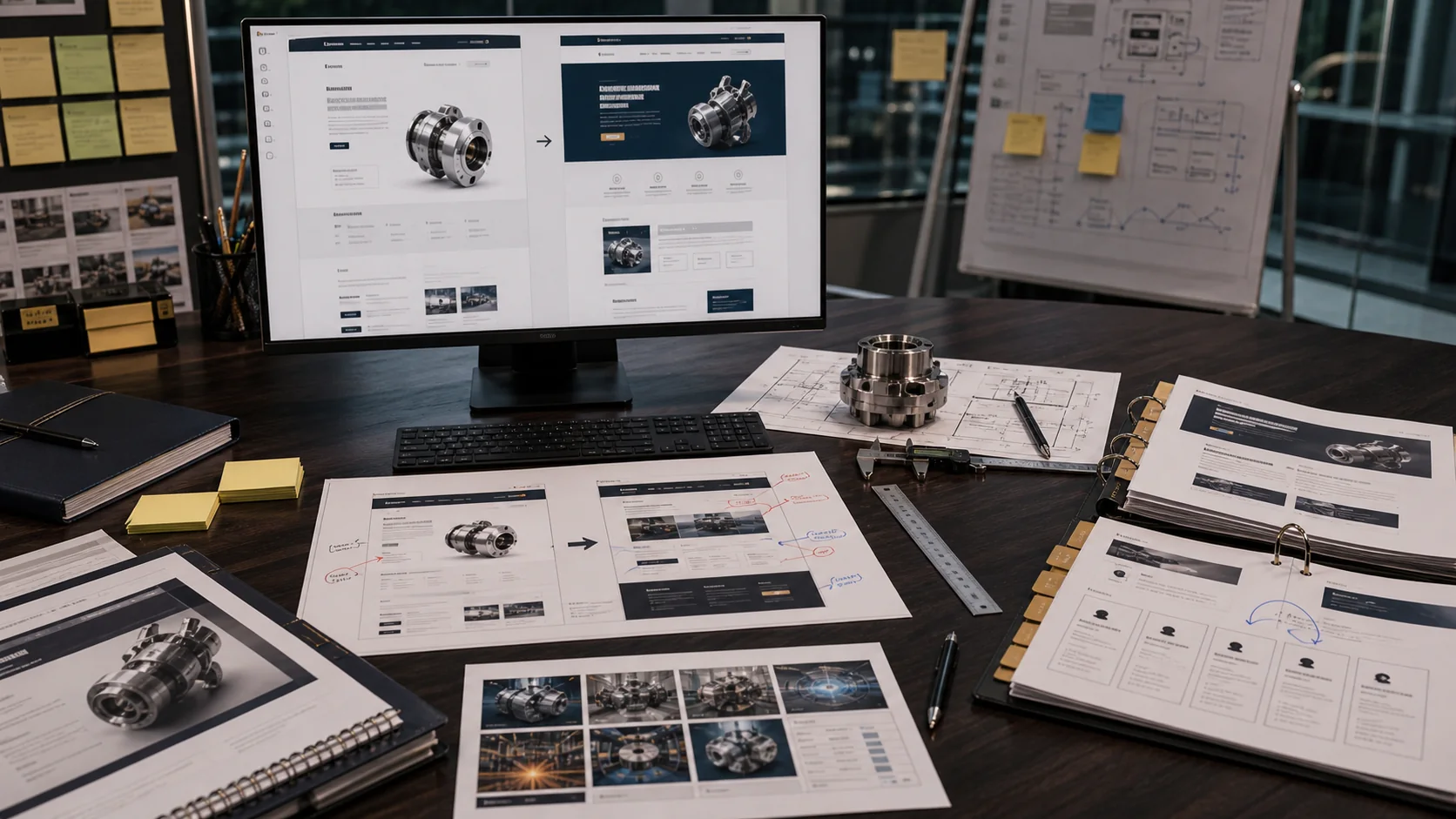 High-end AI-generated visual of a technical B2B product website teardown with page annotations, proof blocks, and quote CTA structure