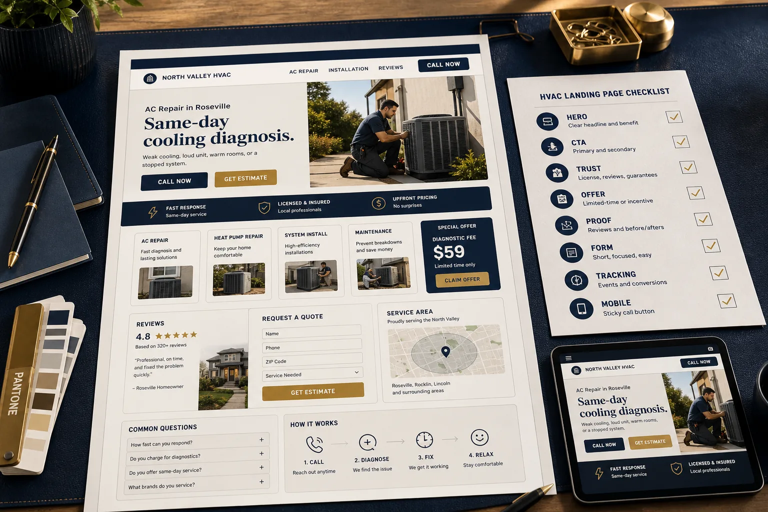 Fully generated high-end HVAC landing page design scene with sales page, action button path, quote form, reviews, service area, mobile view, and setup checklist