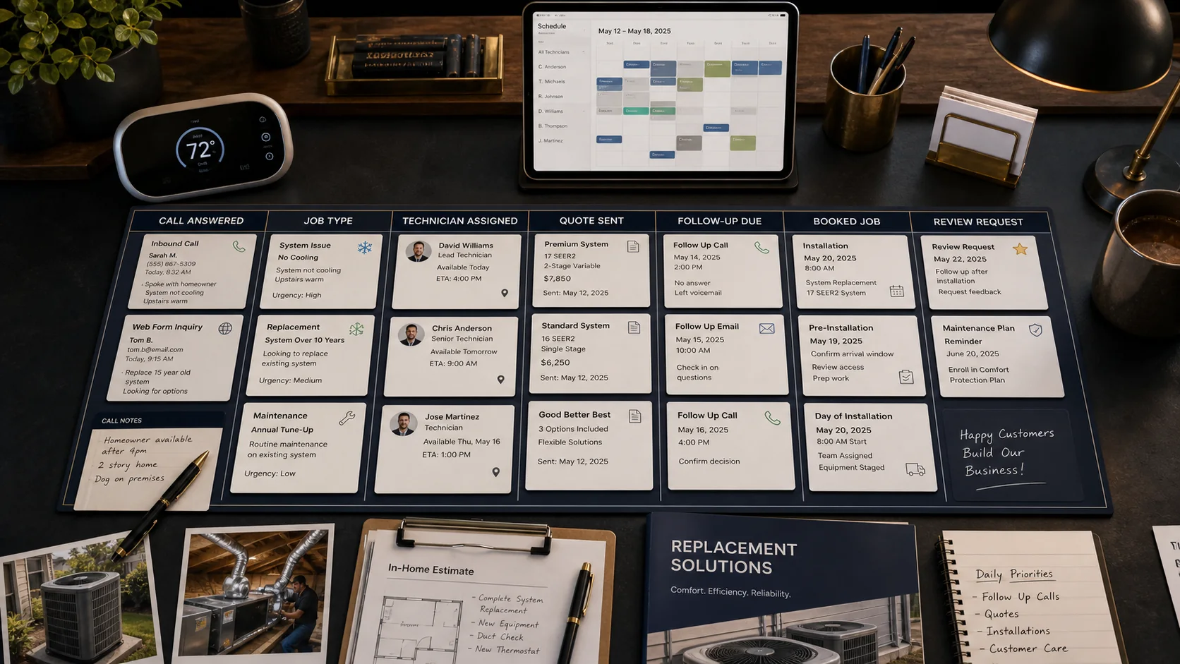 Generated HVAC call-to-booked-job workflow showing answered call, job type, technician assignment, quote follow-up, booked installation, review request, and maintenance-plan reminder.