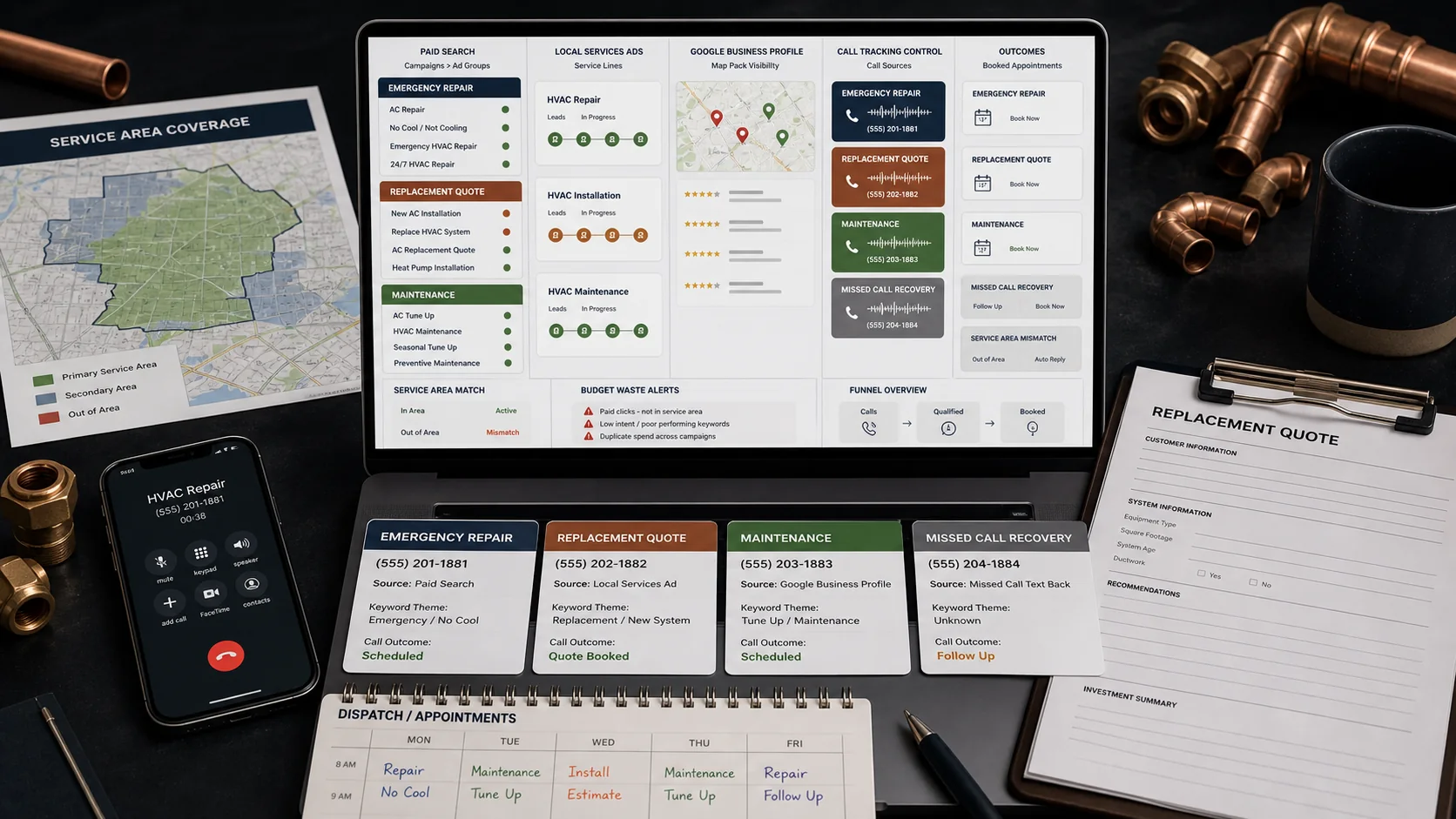 Generated HVAC demand control board for paid search, Local Services Ads, Google Business Profile, call tracking, repair intent, replacement intent, and service-area waste.