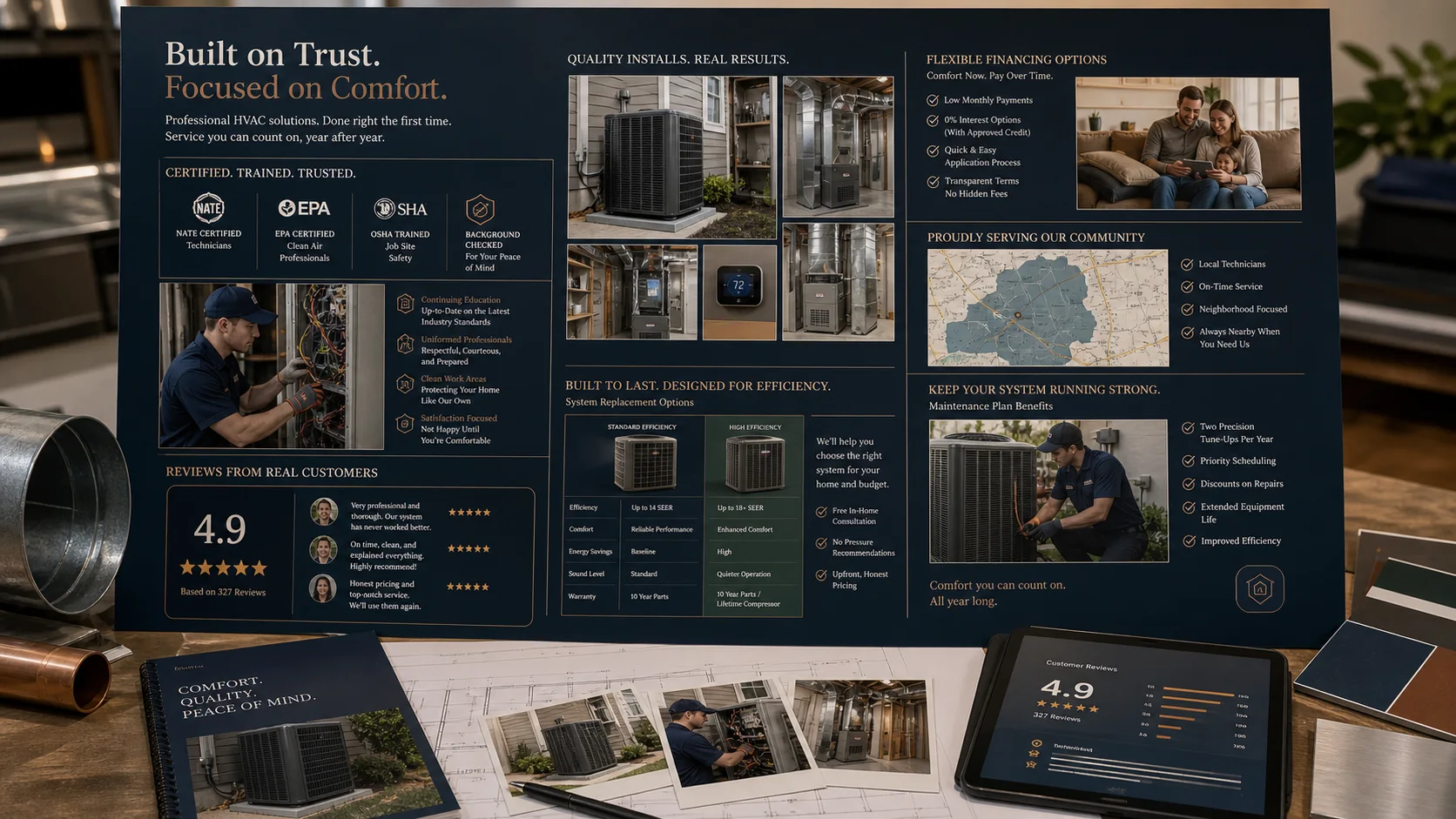 Generated HVAC trust proof wall with install photos, technician credentials, financing, reviews, service-area proof, and replacement system comparison.