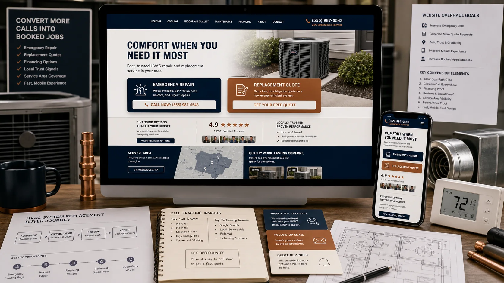 Generated HVAC website overhaul mockup showing emergency repair, replacement quote, financing proof, reviews, service-area coverage, and mobile call path.