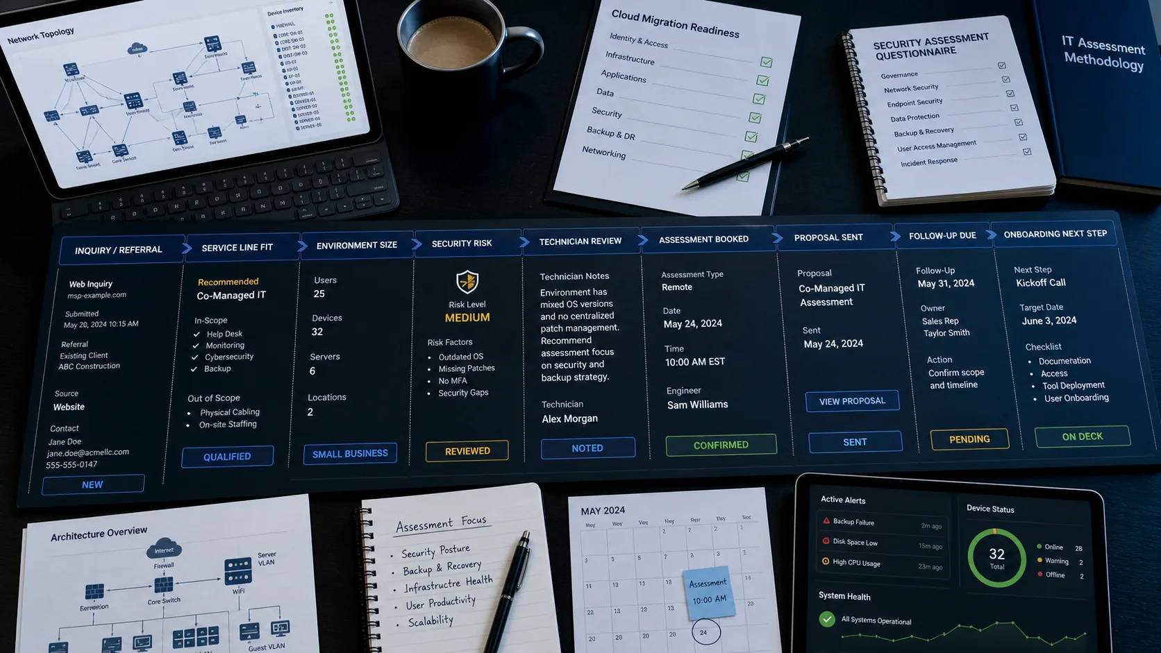 Generated MSP assessment handoff workflow showing inquiry, service line, company size, risk level, technician review, assessment booked, proposal sent, follow-up due, and onboarding next step.