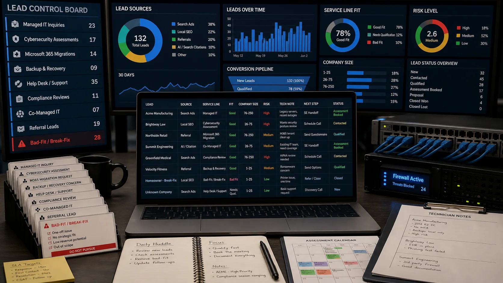 Generated MSP demand control board showing search ads, local SEO, referrals, AI search citation, service-line fit, company size, risk level, technician note, sales-engineer handoff, and booked assessment.