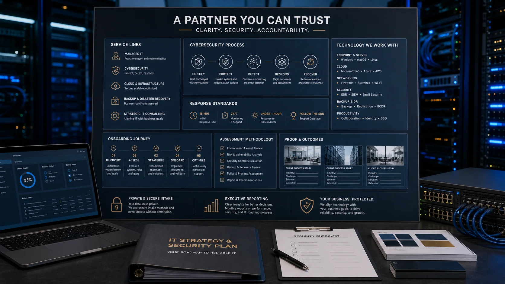 Generated MSP trust proof wall with cybersecurity process, response standards, stack familiarity, onboarding steps, assessment method, case proof placeholders, privacy-safe intake, and executive reporting.