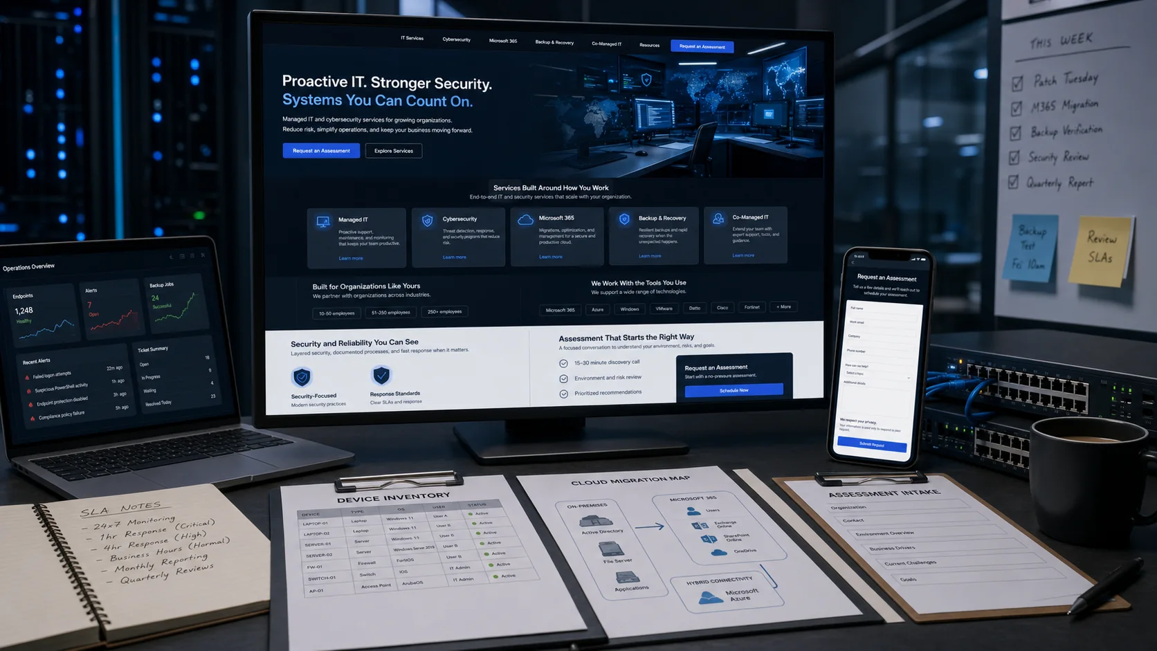 Generated MSP website overhaul mockup showing managed IT, cybersecurity, Microsoft 365, backup recovery, co-managed IT, assessment CTA, client-size fit, and privacy-safe intake.